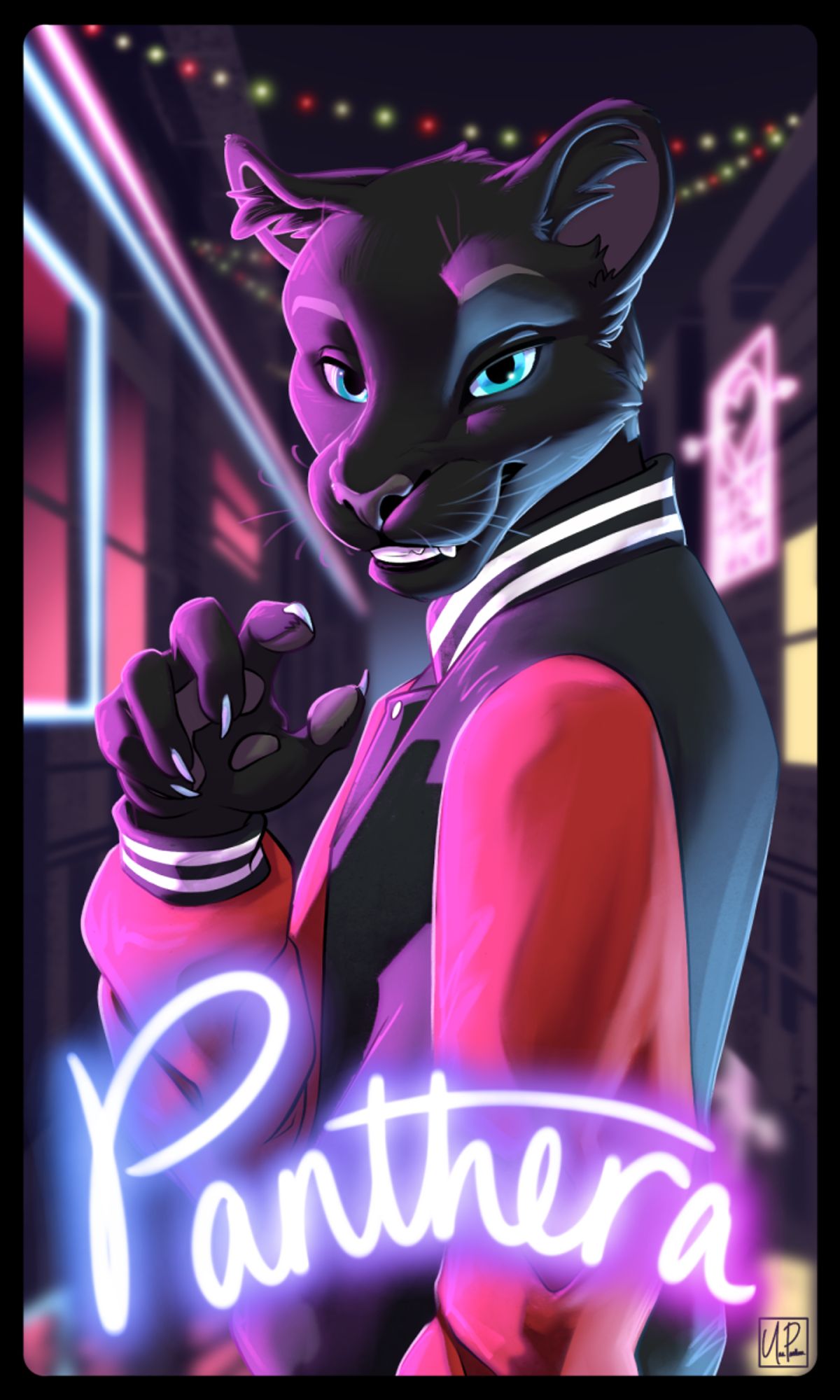 A black panther with blue eyes, in a red and black varsity jacket turns toward the viewer, one hand up in a 'rawr' pose showing his claws. He is in a neon-lit alleyway in a city at night.