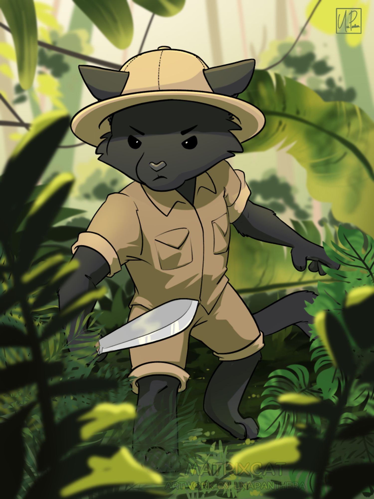 A chibi of a black cat in an explorer's outfit makes his way through the jungle using his trusty machete, with a determined expression on his face