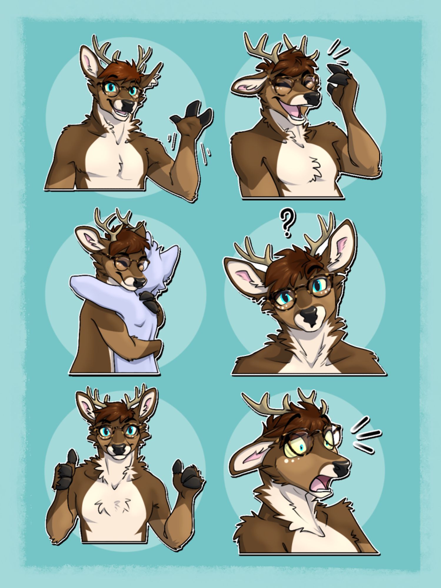 A set of 6 Telegram stickers of a brown deer with blue eyes and glasses. They show him waving, laughing, hugging a YCH, confused, giving thumbs up, and shocked