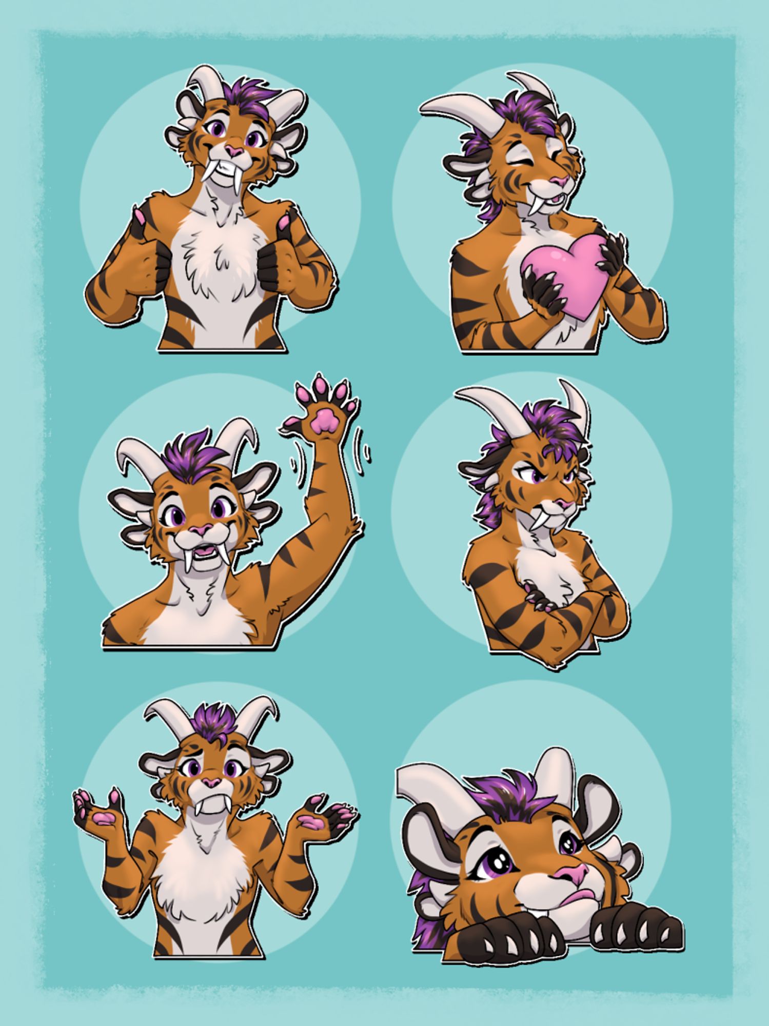 A set of 6 telegram stickers showing an orange female charr with black stripes & purple hair giving thumbs up, holding a heart, waving, crossing arms grumpily, shrugging, and peeking up with a cute face.