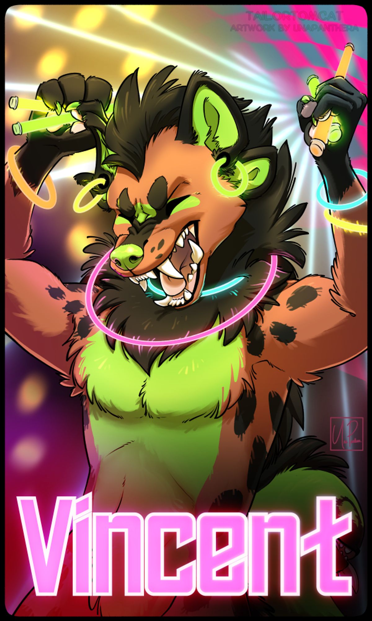 A waist-up image of a monster hyena dancing at a rave, holding and wearing lots of glowsticks. The name 'Vincent' is written along the bottom