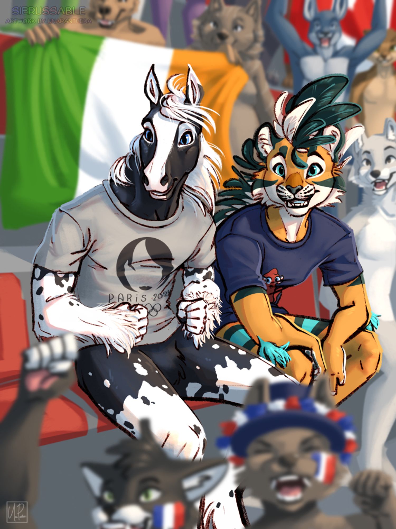 A piebald horse and a tiger with a feathered mane sit in a crowded stadium, cheering on some players that we cannot see.