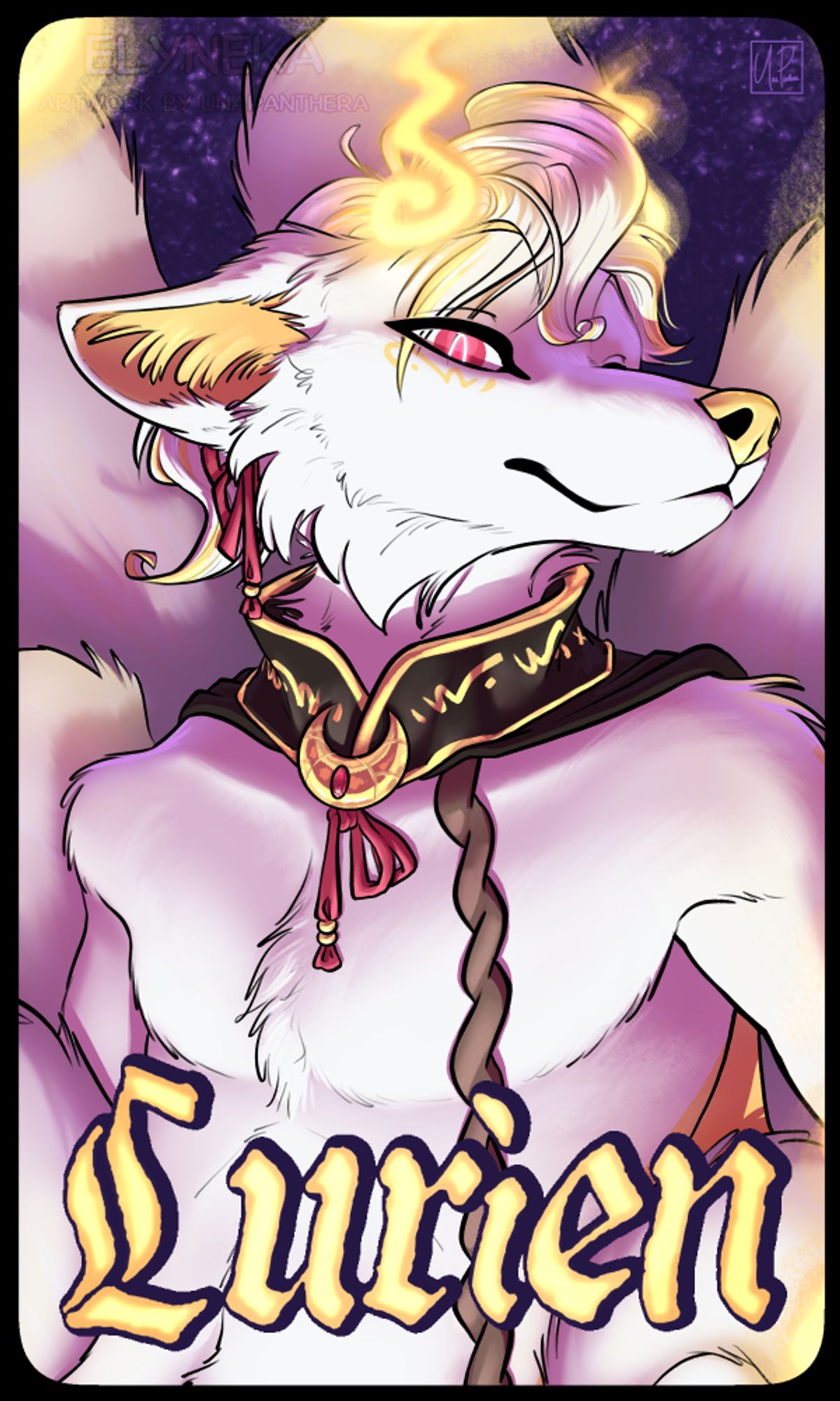 A badge of a white kitsune with yellow accents, flaming horns, and a dark brown intricately embroidered cloak. He is giving the viewer a sly look