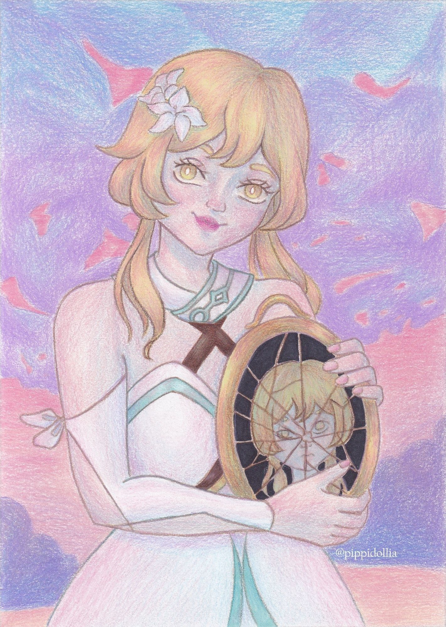 A pencil colour drawing of Lumine from Genshin Impact holding a broken mirror at our direction, where we can see her "reflection".