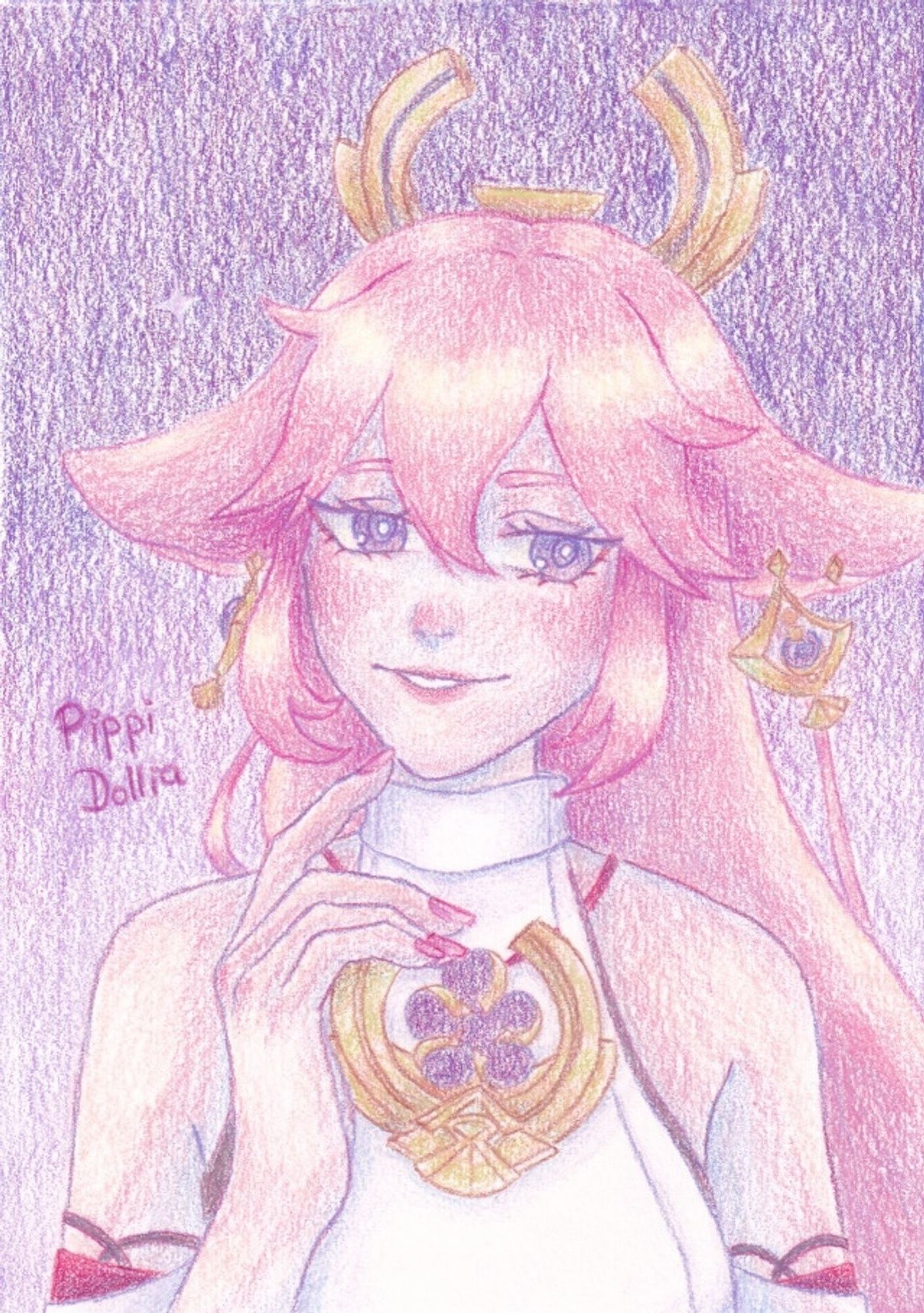 A colour pencil drawing of Yae Miko from Genshin Impact.