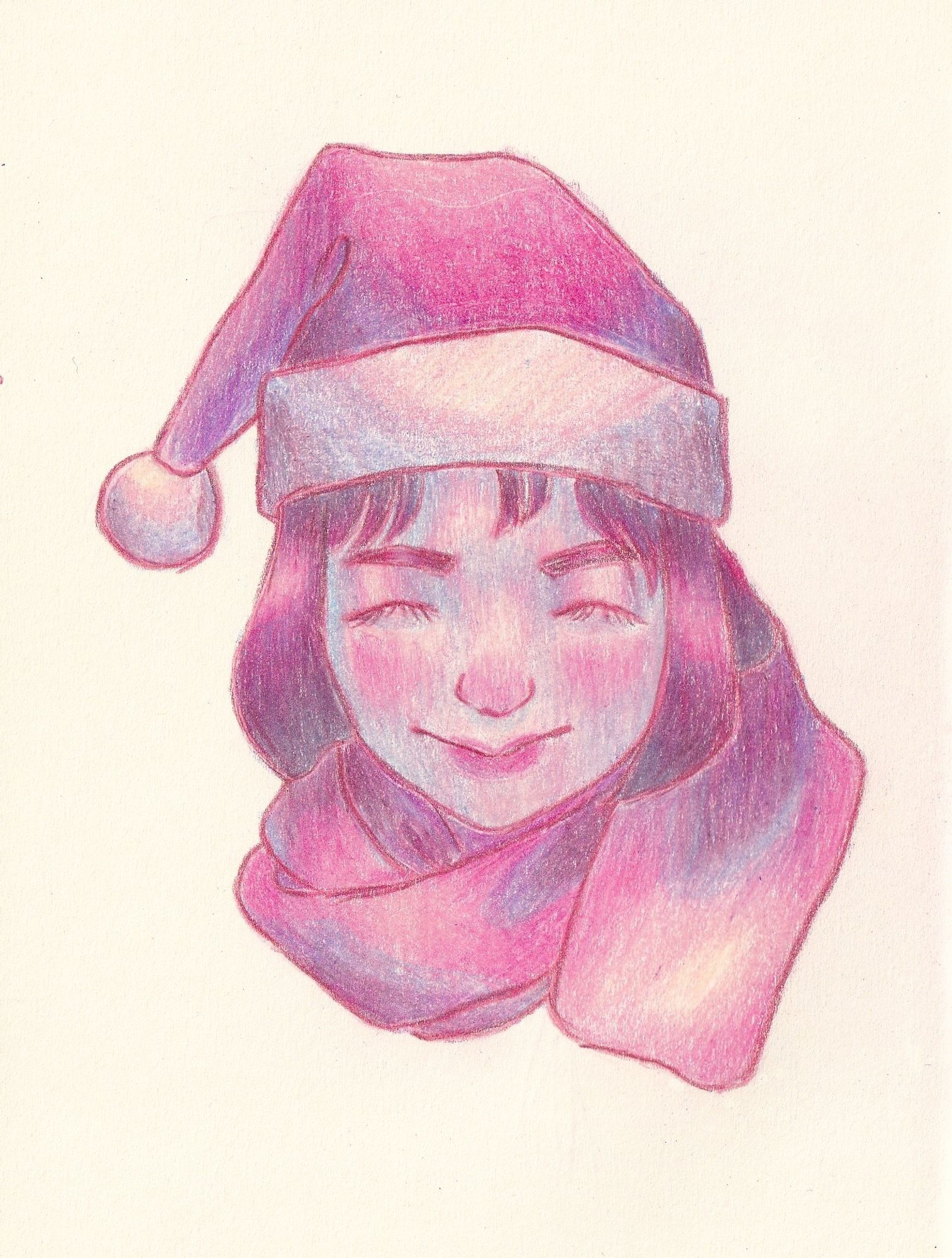 A colour pencil drawing of a girl smiling with a Christmas hat.