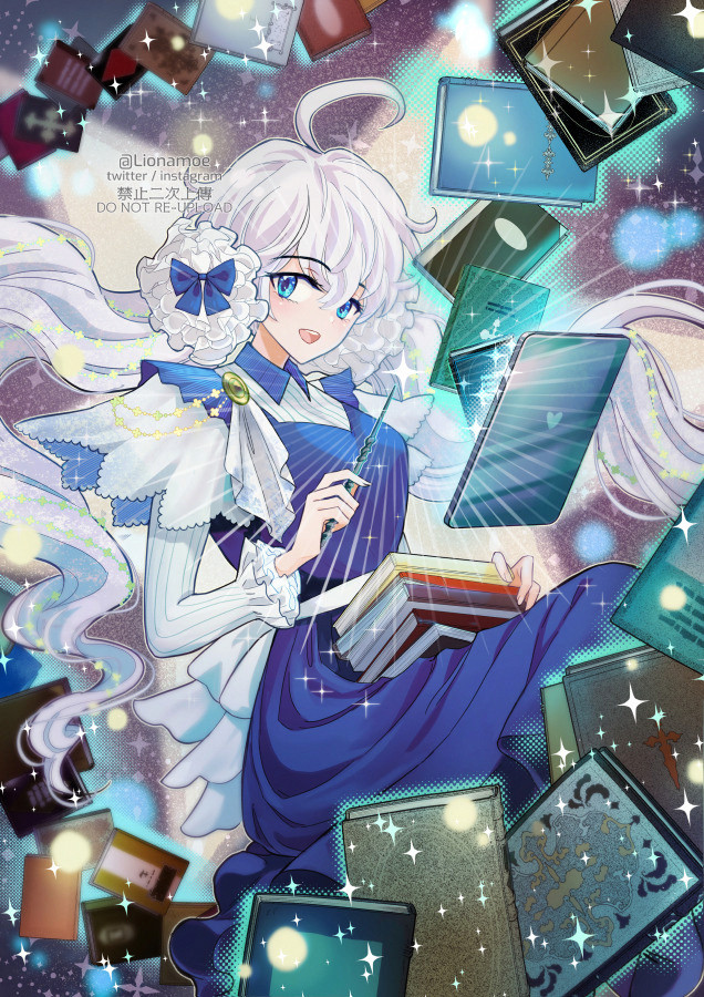 A cute mage who uses magic power to put the books in and out the online bookstore on a tablet.