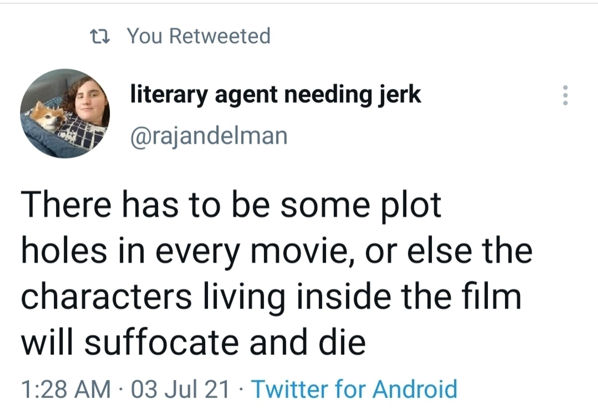 Screenshot of Tweet from @rajandelman, "literary agent needing jerk": There has to be some plot holes in every movie, or else the characters living inside the film will suffocate and die.