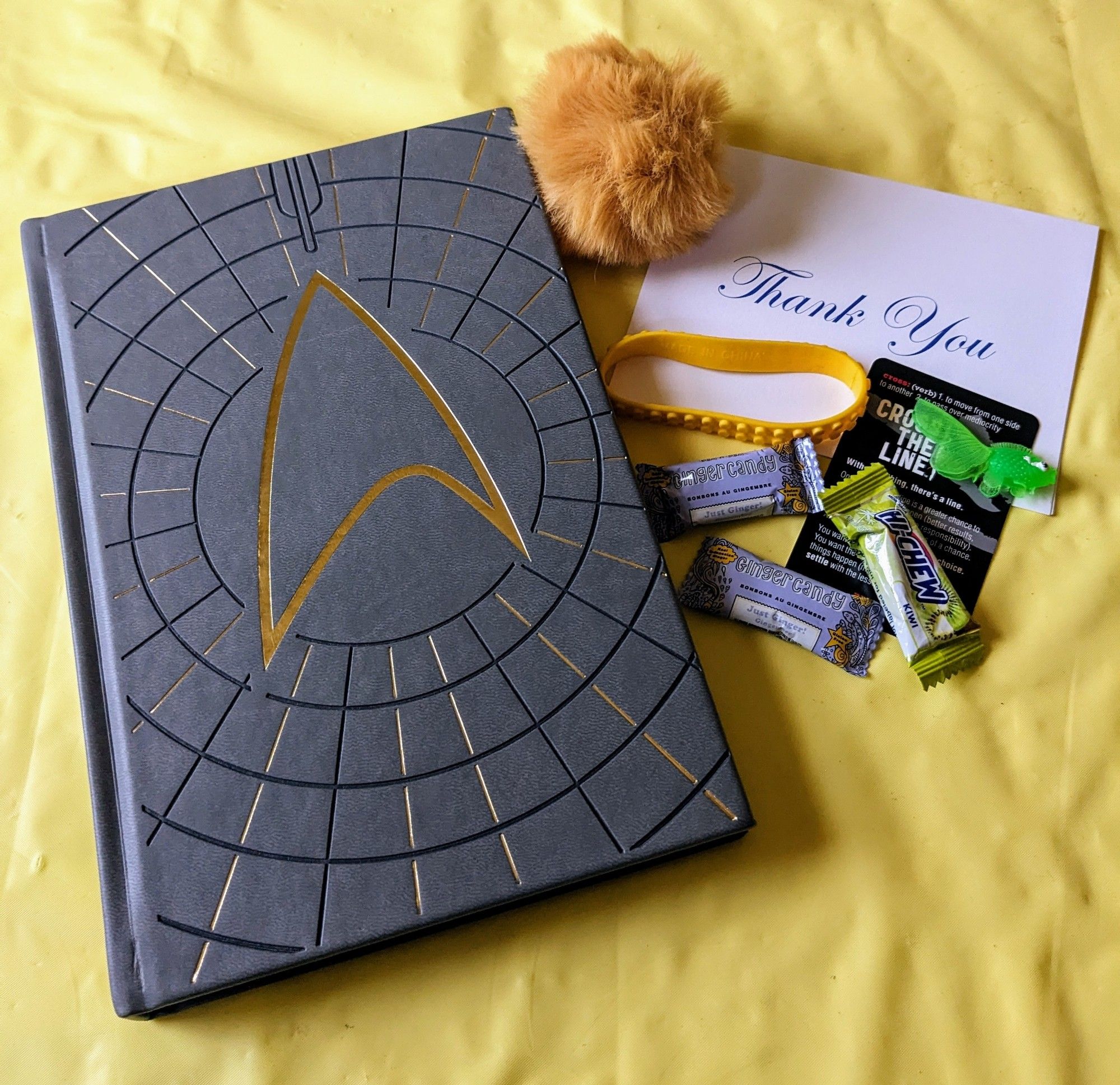 A photo showing a copy of the Star Trek Adventures Player's Guide, a wee tribble on a keychain, a nice thank-you card, a Lego-like rubber bracelet, some candy, and a wee plastic fish.