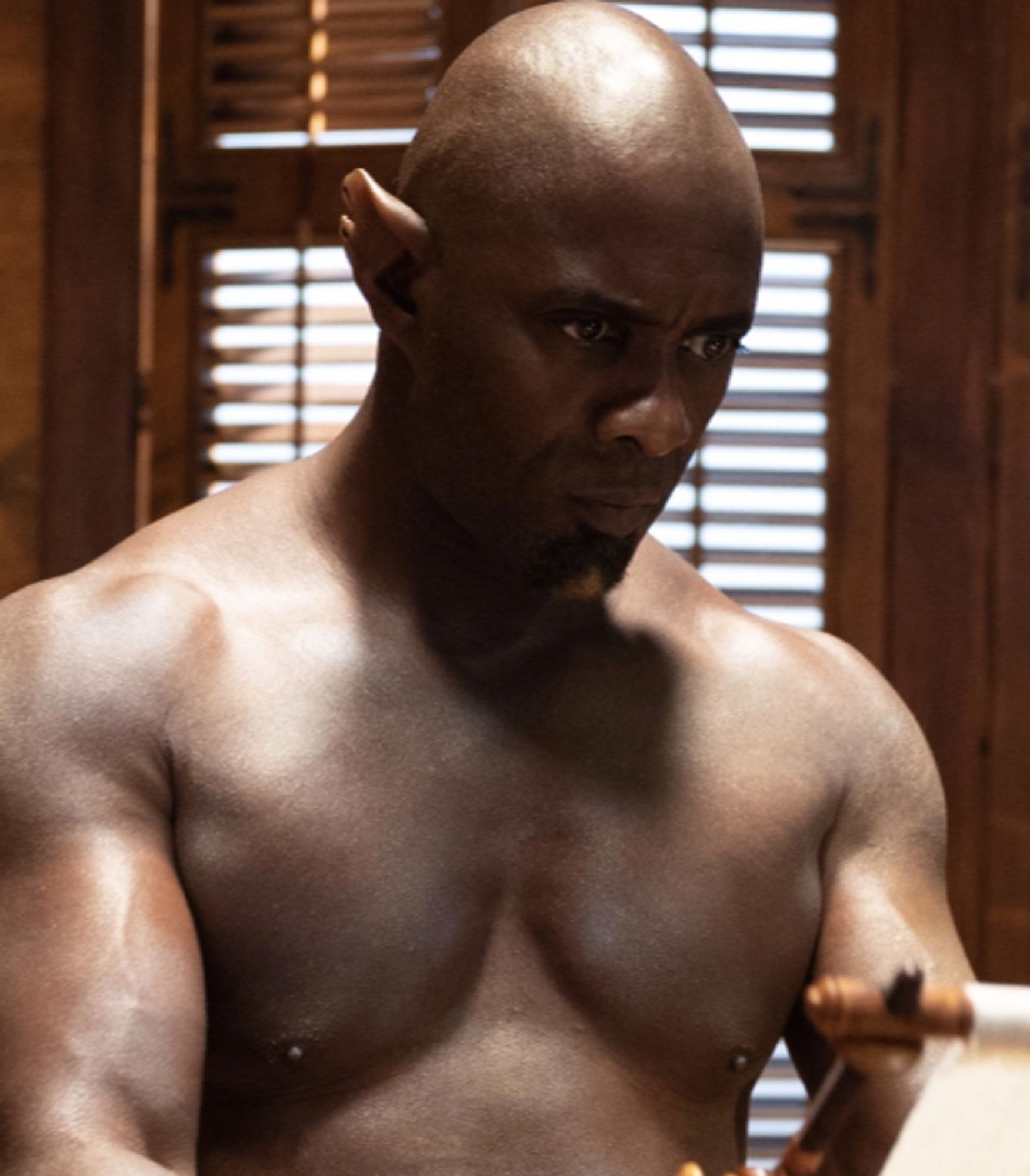 A topless Idris Elba as a djinn, with pointed ears and a scruffy beard, reading a scroll. Between this and American Gods, I'm beginning to develop a real thing for djinn.