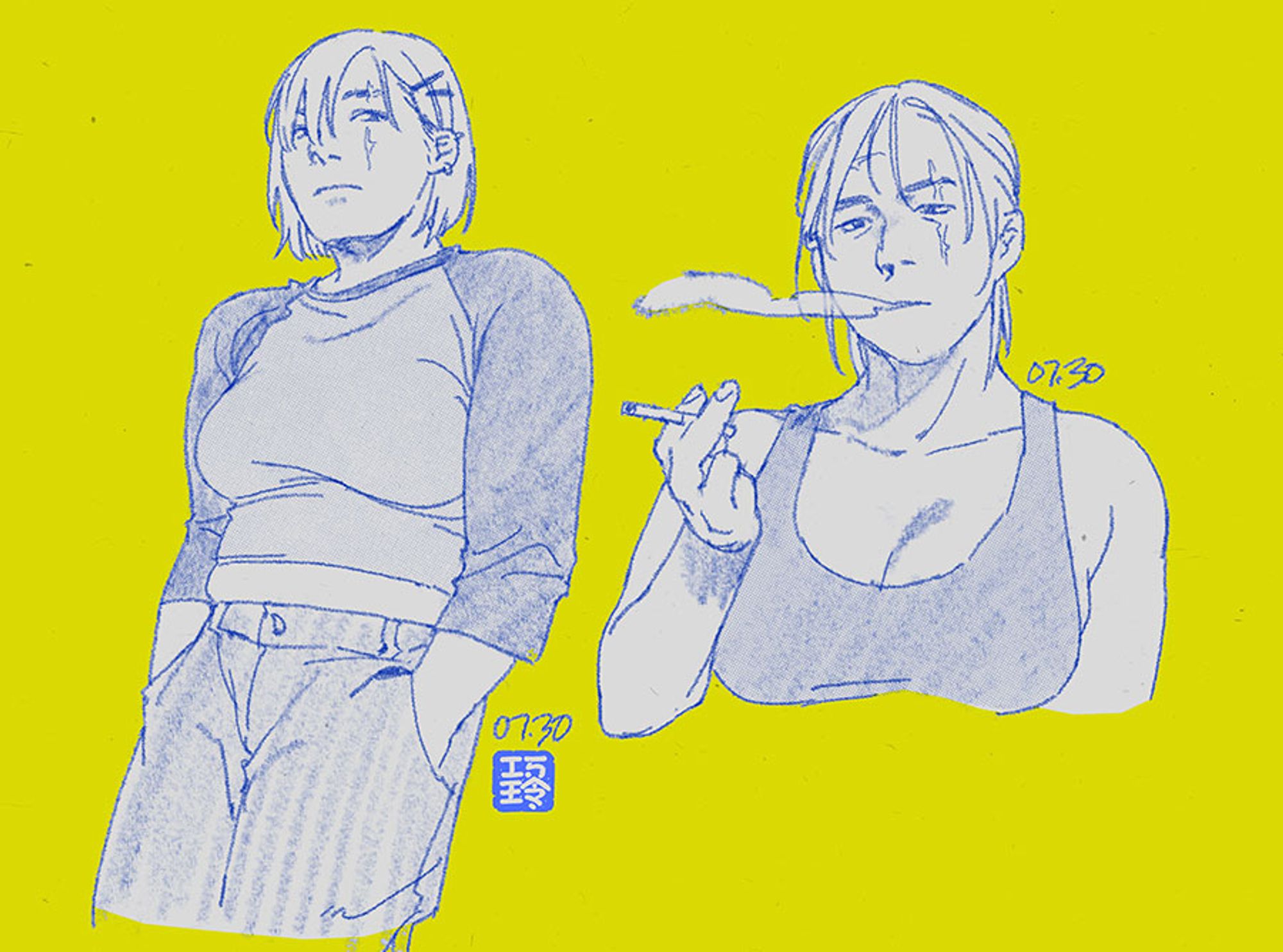 two sketches of au tsukuyo, one of her wearing a cropped shirt and her hands in her pockets, and another bust of her smoking and her hair tied up