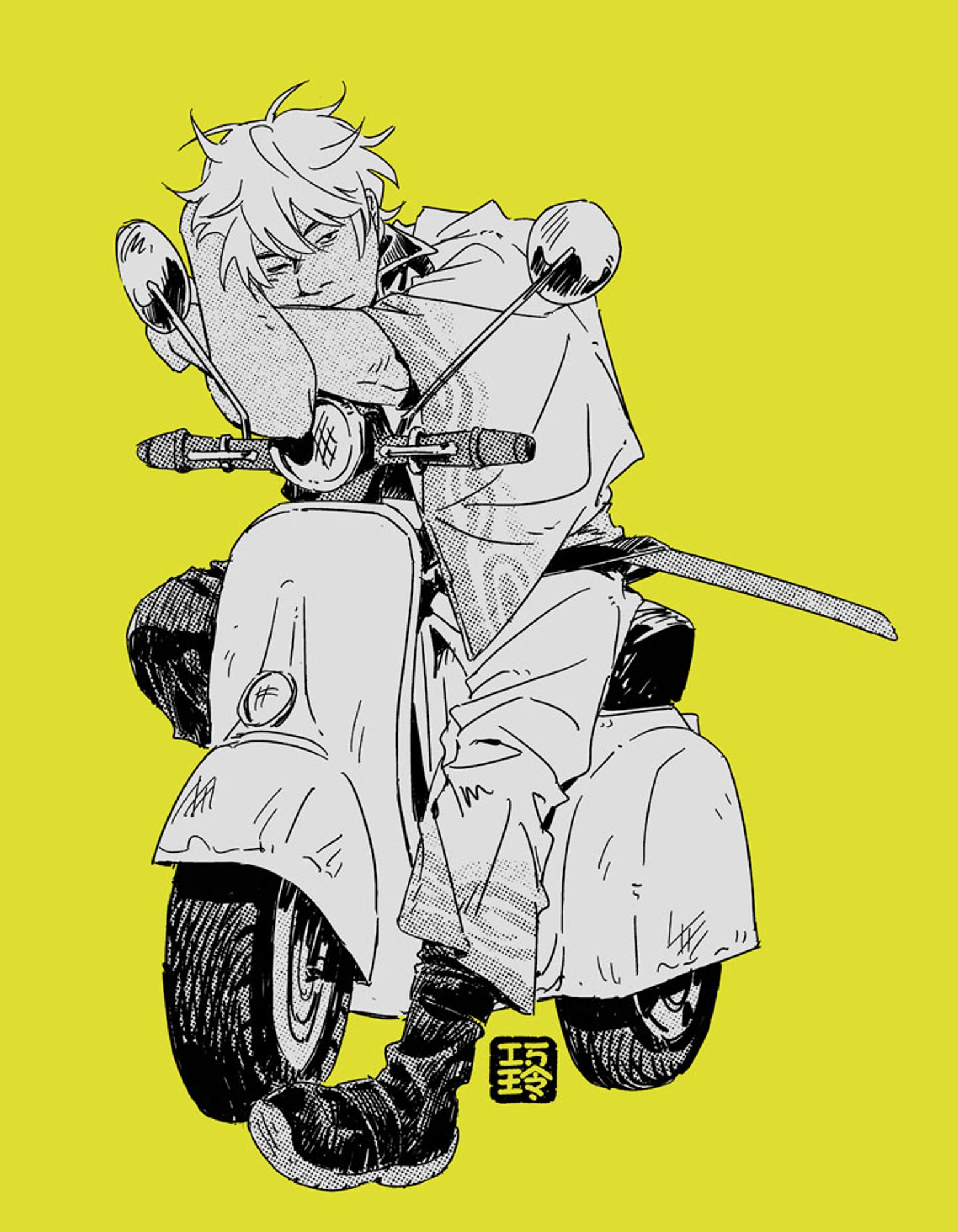 black and white drawing of gintoki sitting on his scooter and leaning on the handlebars