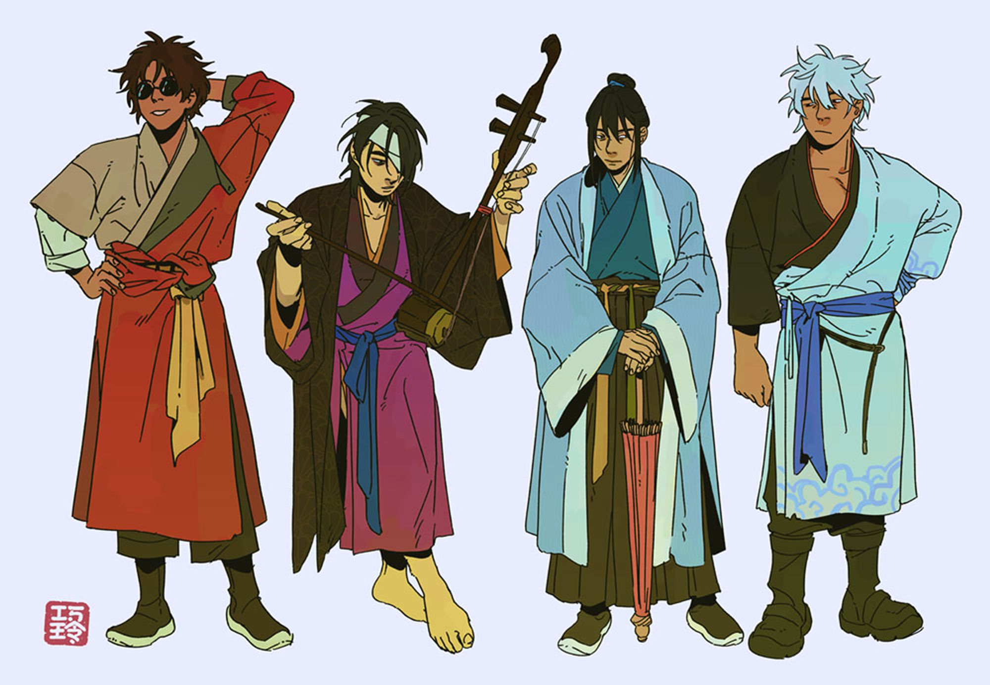 a line up drawing of j4 in different kinds of hanfu