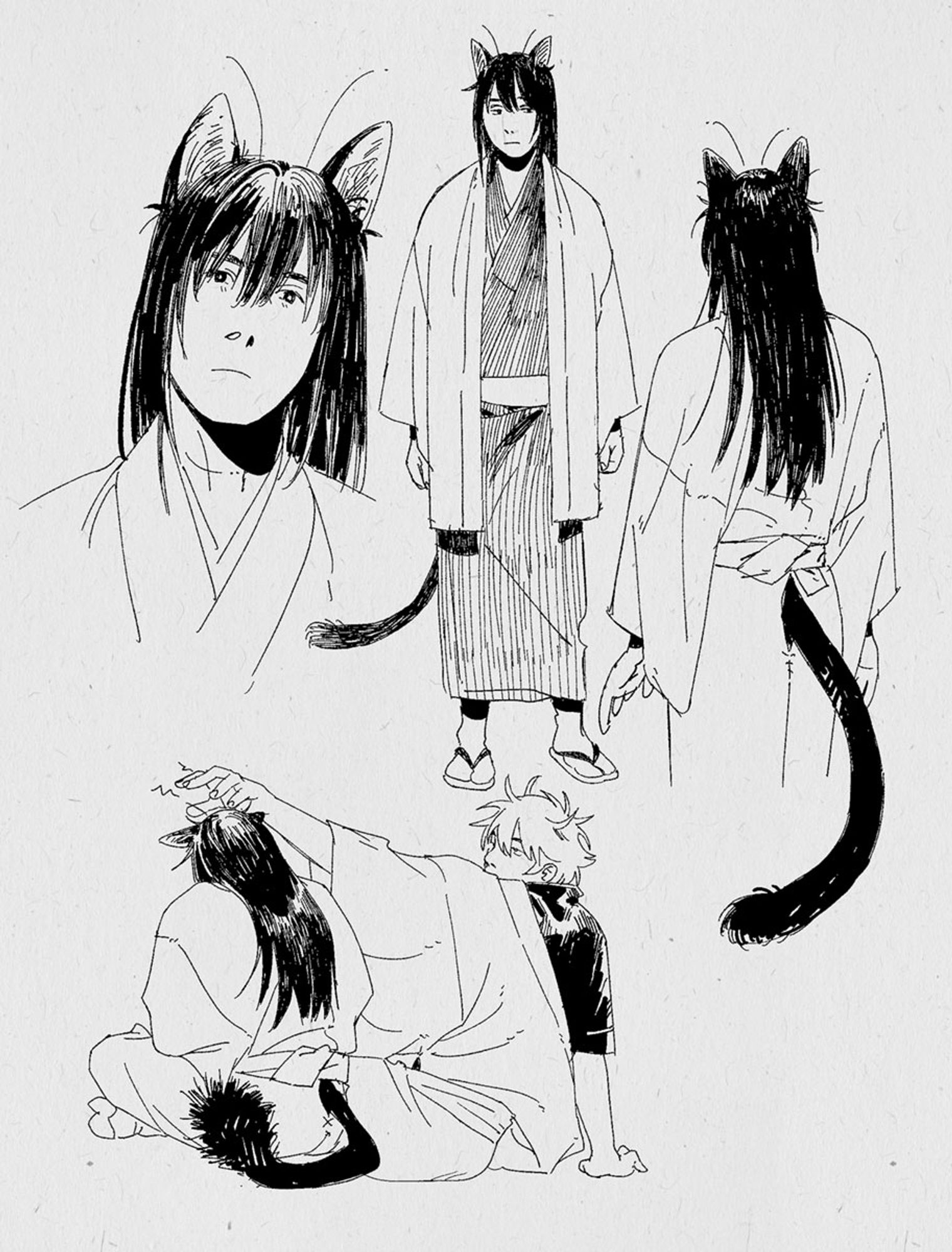 various sketches of catboy katsura who has black pointy ears and a thin black tail