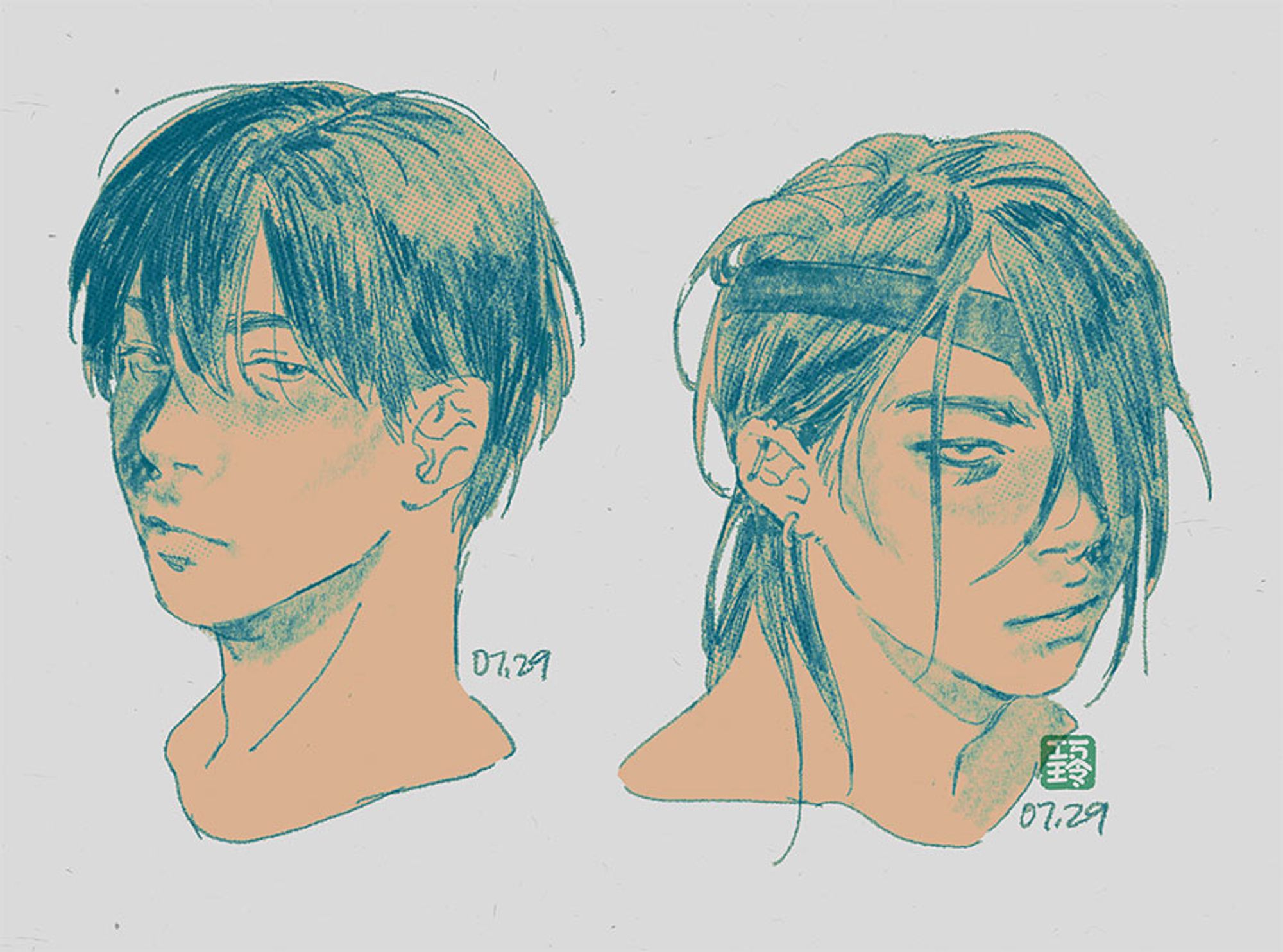 sketchy busts of katsura with short hair and trans fem takasugi