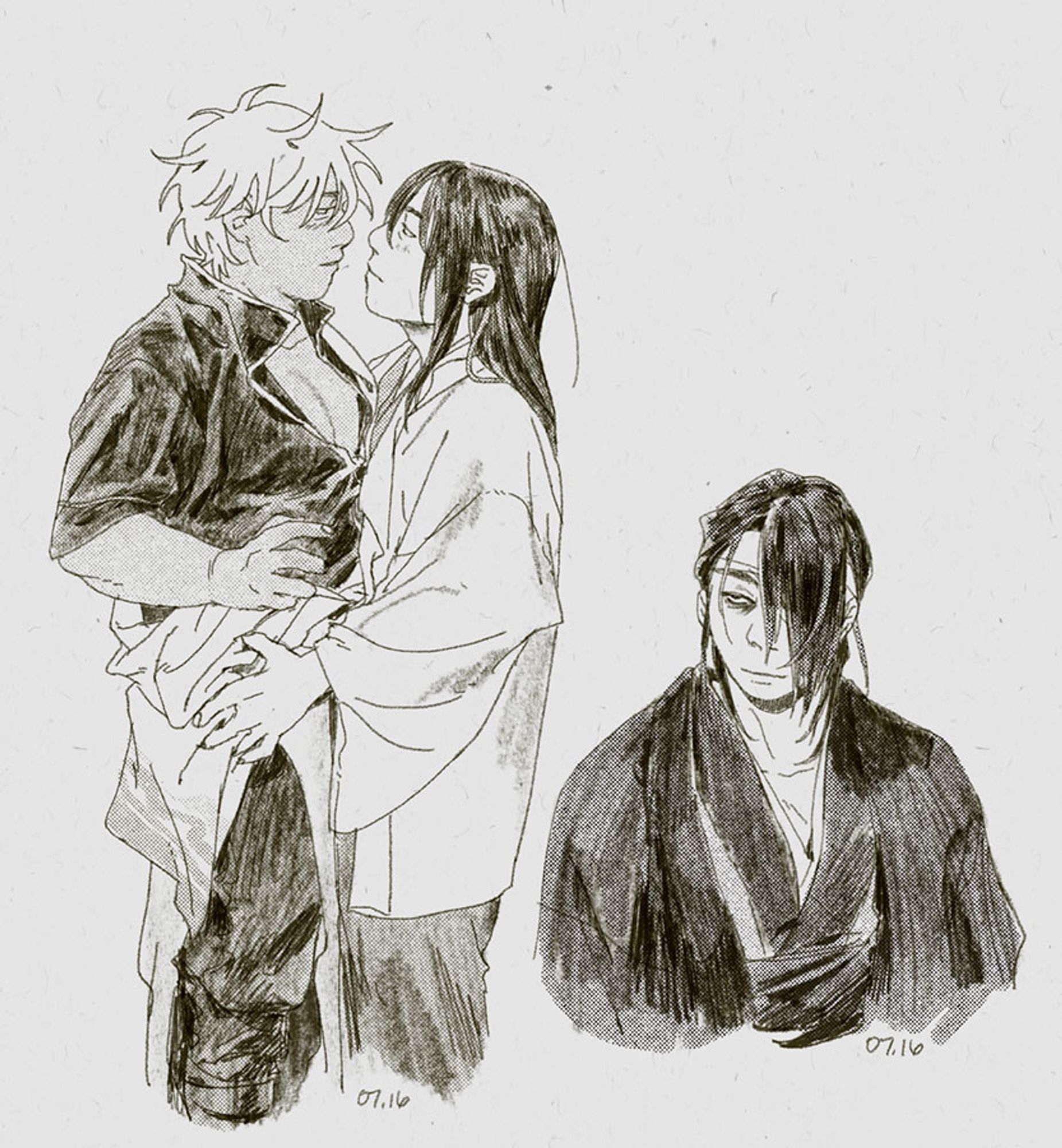 sketchpage: [ginzura] katsura grabbing gintoki by the hips, takasugi (f) bust