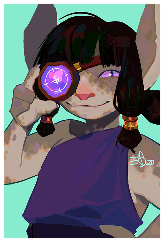 portrait painting of an asura with black hair tied into four buns holding a purple monocle over her eye