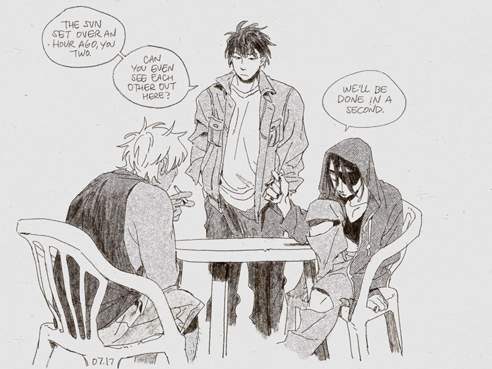 a single comic panel set in a modern au. gintoki and takasugi are sitting on some plastic patio furniture, both smoking. gintoki is leaning over his knees, and takasugi has propped up her leg on the chair she's sitting on. bansai is standing beside them, behind the table, apparently having just come outside. / bansai: the sun set over an hour ago, you two. can you even see each other out here? / takasugi: we'll be done in a second.