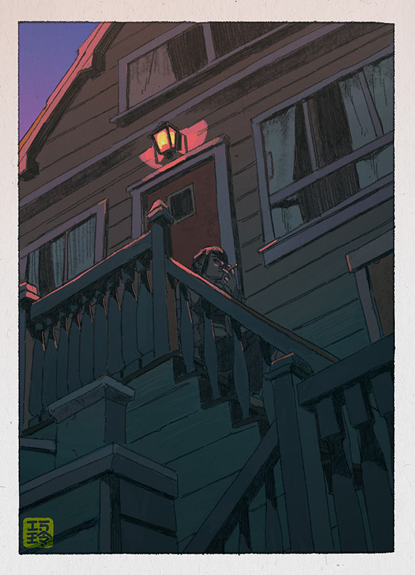 colored illustration of au takasugi smoking while sitting on the steps of a house at dusk, the porch light lit above her. she is glancing down at the viewer, as if waiting for someone.