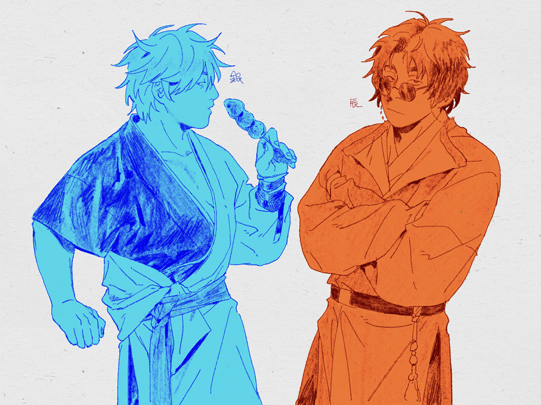 a sketch of gintoki and sakamoto in hanfu; gintoki is holding a stick of tanghulu