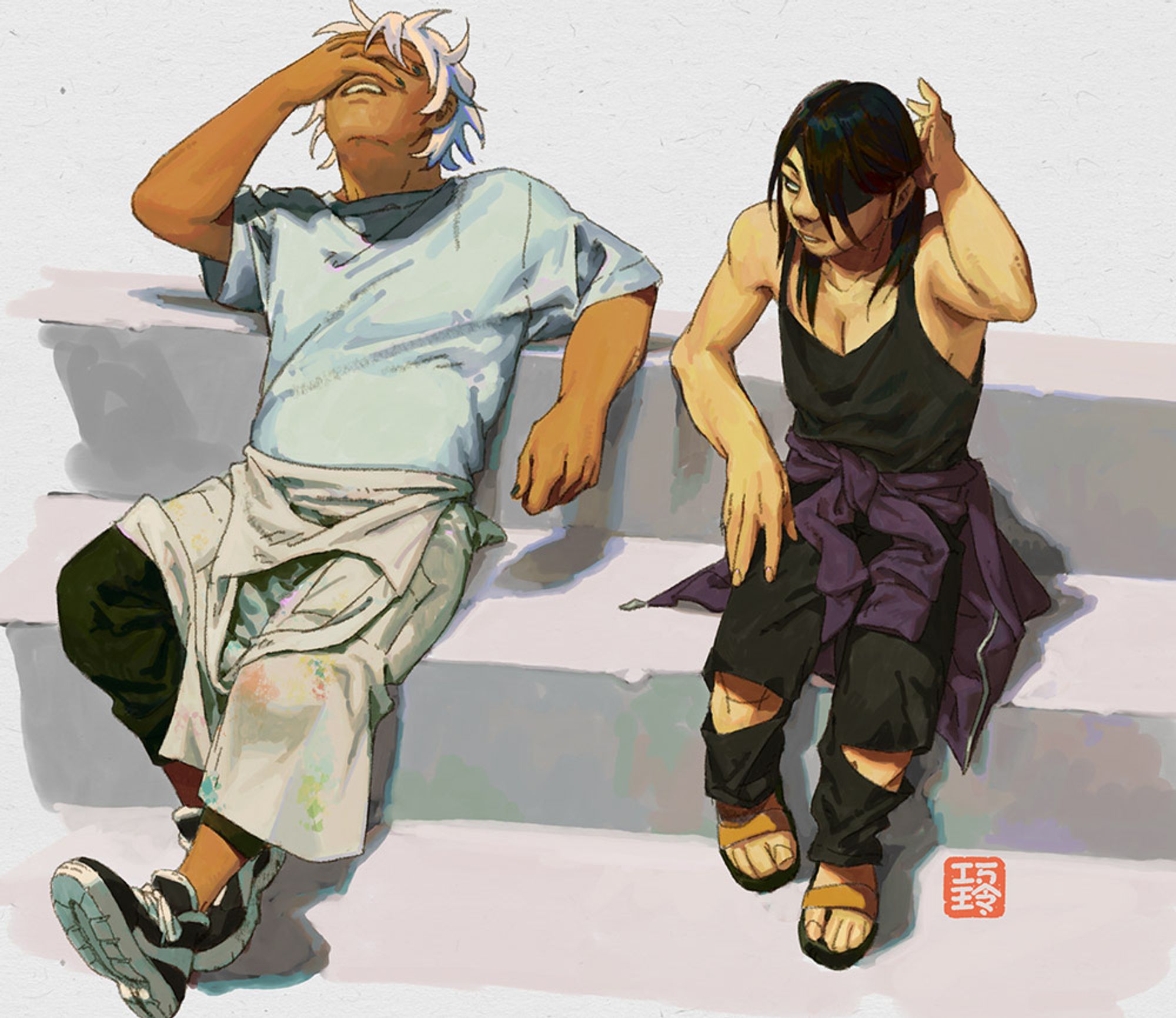 painted drawing of gintoki and takasugi sitting on some steps. gintoki is wearing his smock, but the top half is folded down. his fingernails are painted. takasugi is in a black camisole and ripped black jeans, with a purple hoodie tied around her waist. gintoki is leaning his head back with his hand over his face, looking annoyed. takasugi is saying something to him, tucking some of her hair behind her ear.