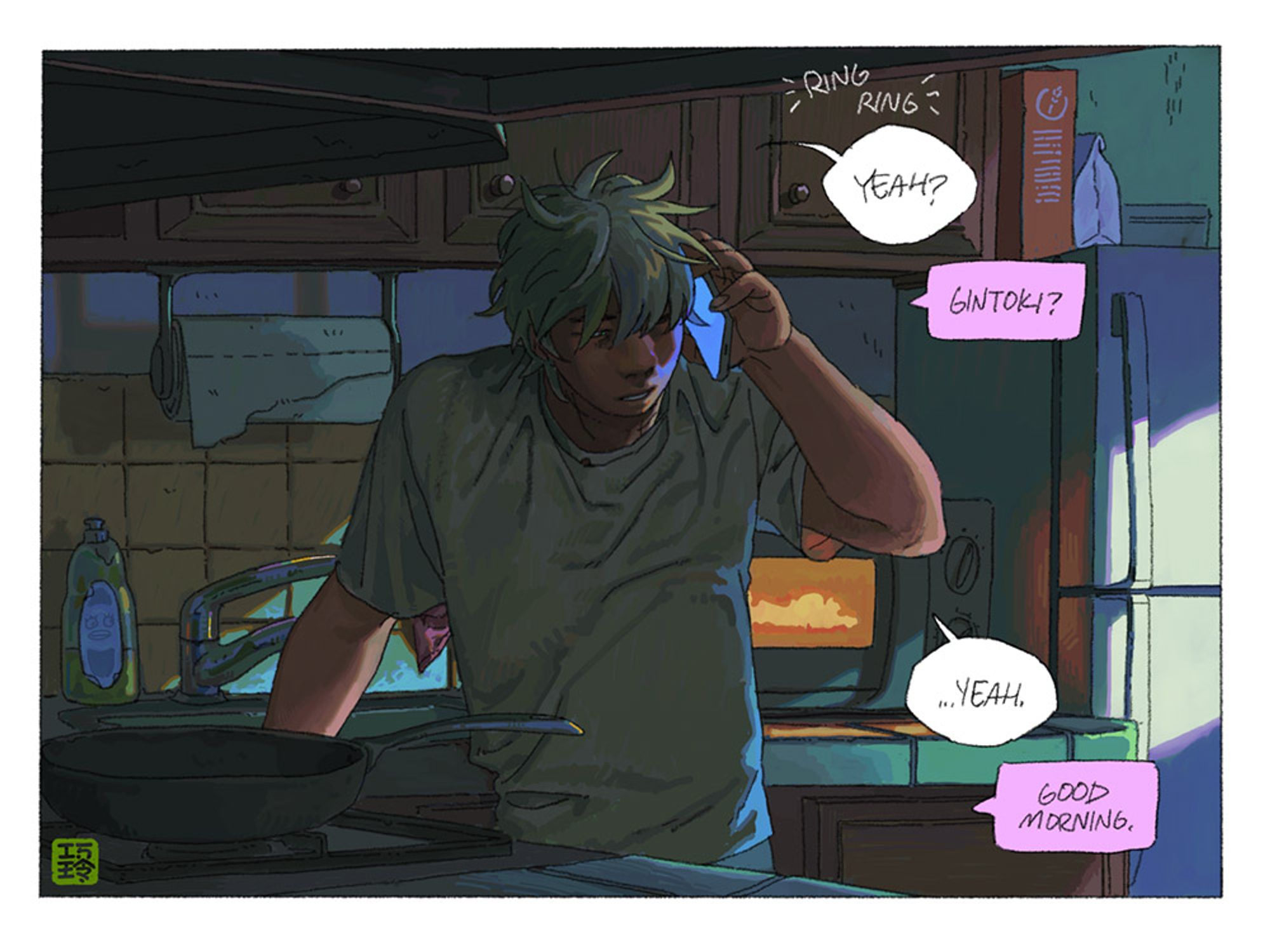 scene of gintoki's kitchen in the morning. there is light spilling into the dark kitchen from the side off-panel. the microwave is on behind gintoki. gintoki is leaning on the counter, holding a phone up to his ear. he looks pained as he talks.

*ring ring*
gintoki: yeah?
katsura: gintoki?
gintoki: ...yeah.
katsura: good morning.