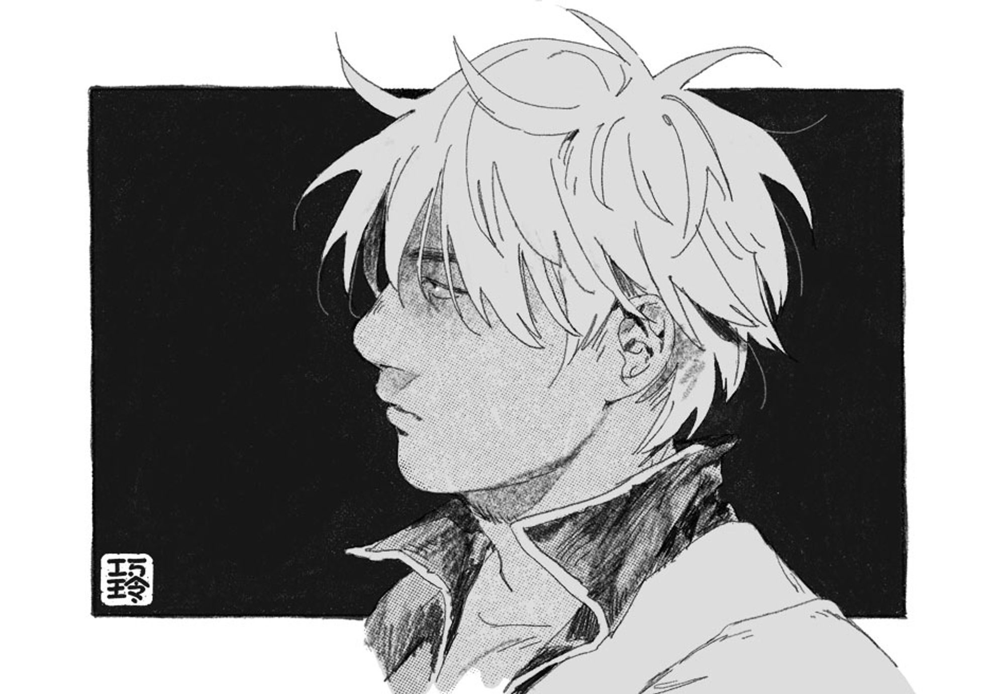 b/w drawing of gintoki from the side