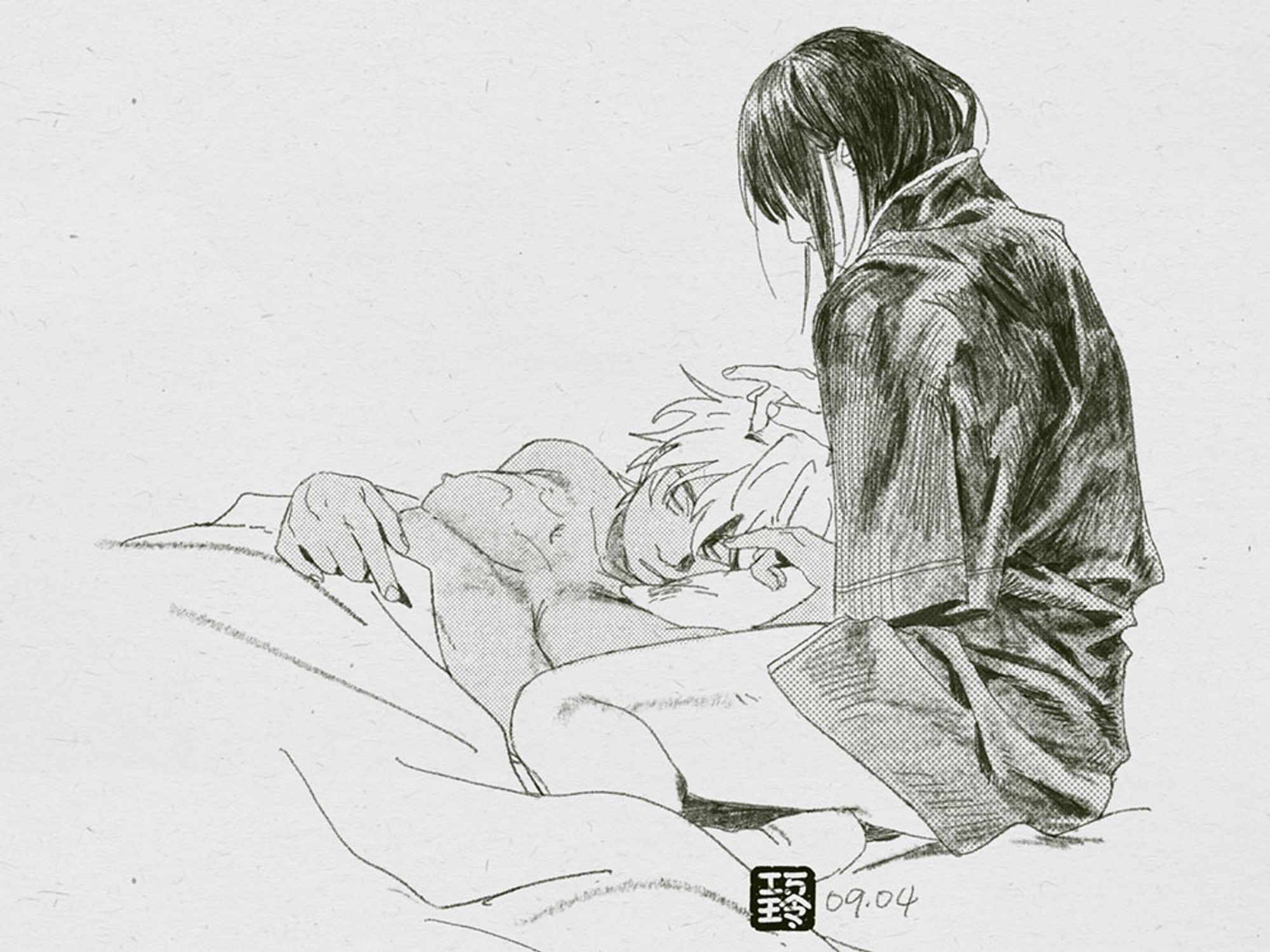 sketch of gintoki and katsura, gintoki is asleep and katsura is sitting over him with gintoki's shirt wrapped around him and is playing with gintoki's hair