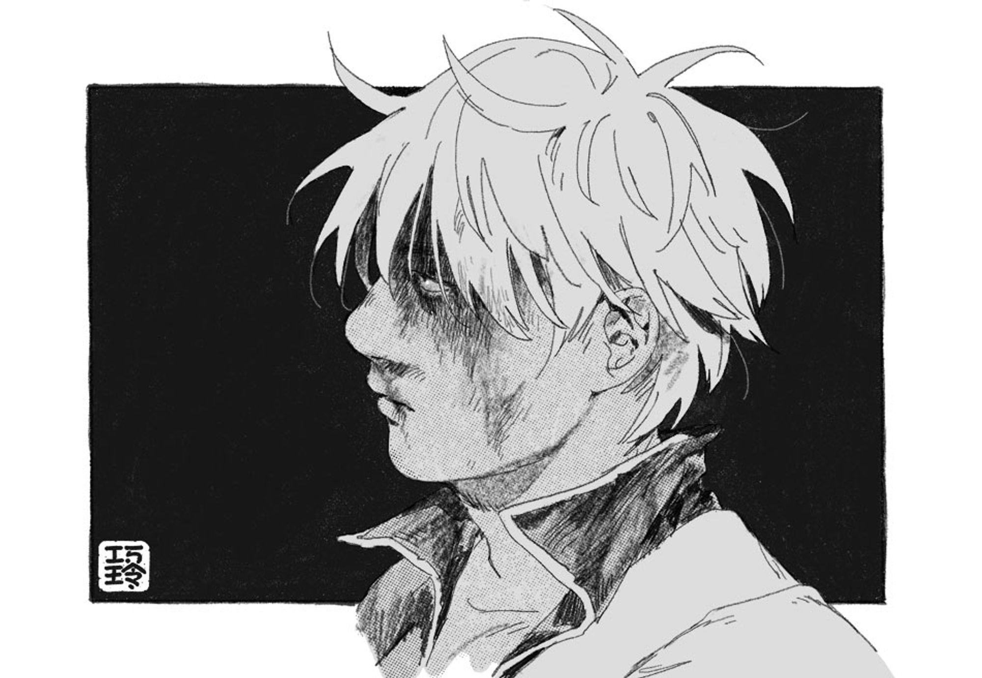 same b/w drawing of gintoki from the side but there is blood on his face