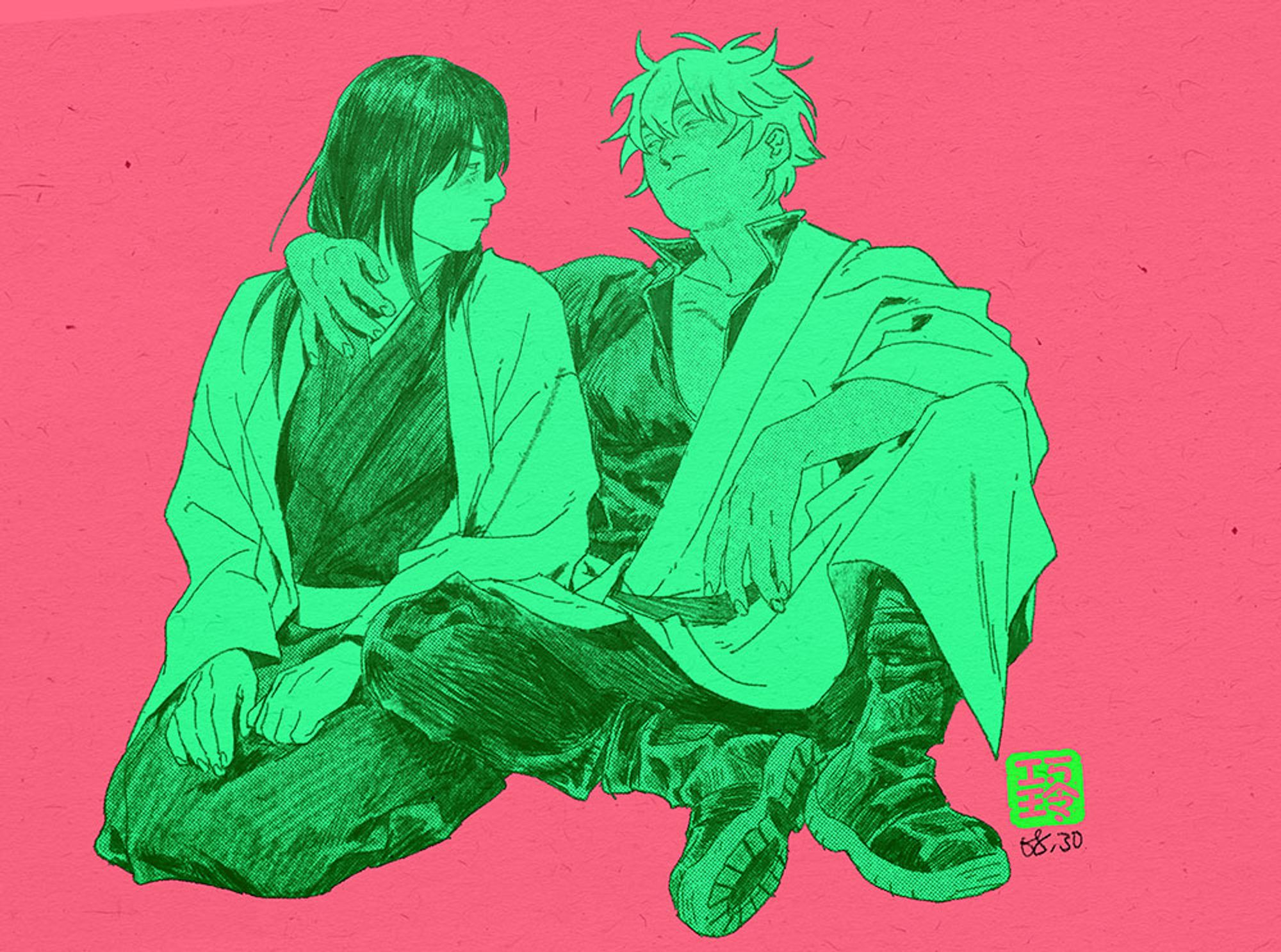 a drawing of gintoki and katsura sitting on the ground. gintoki is sitting leaning back with his legs apart, one of his arms around katsura's shoulder, looking at him smarmily. katsura is sitting on his legs with his hands in his lap and looking at gintoki, annoyed