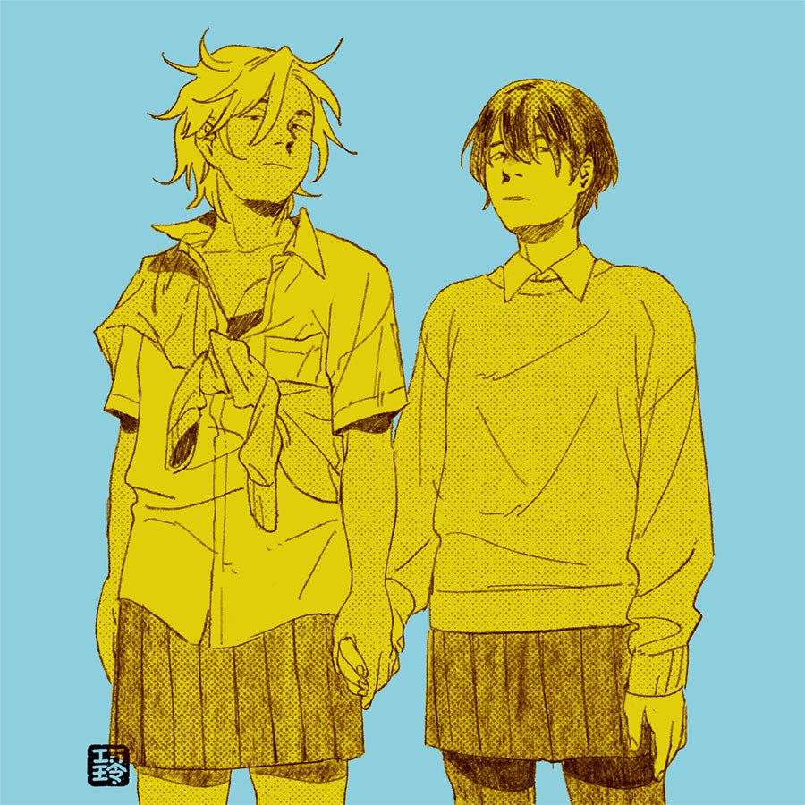 drawing of teen genderbent gintoki and katsura in school uniforms, holding hands. they both have short hair