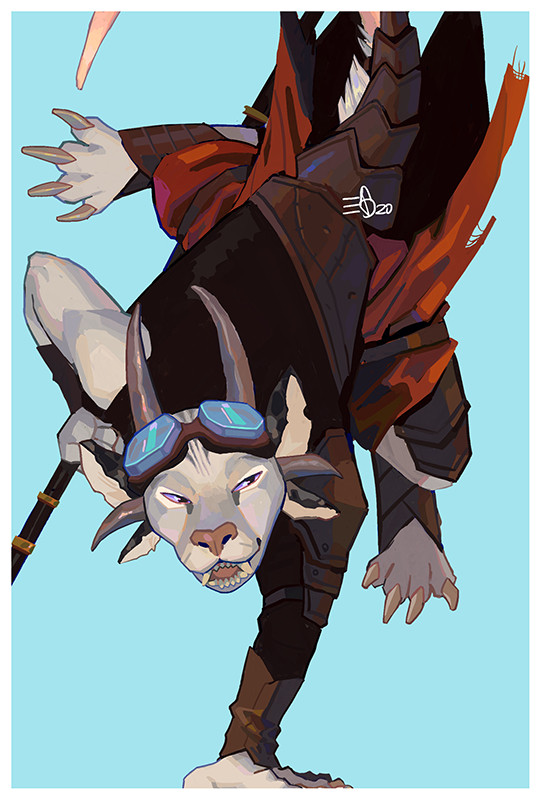 portrait painting of a gray charr in leather armor doing a single handstand holding a daredevil staff. they are mane-less and wearing goggles on their head