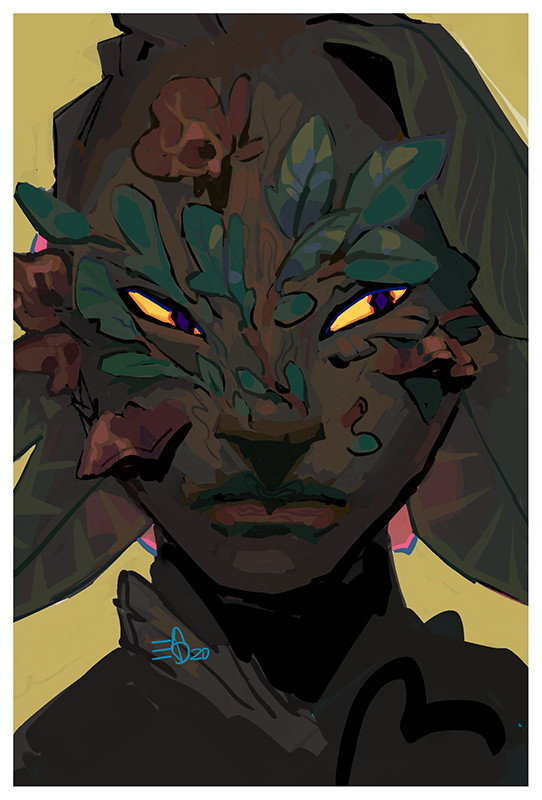 portrait painting of a dark brown/black sylvari with a bright pink flower on the back of her head. she is growing dark green leaves and wood ear mushrooms on her face