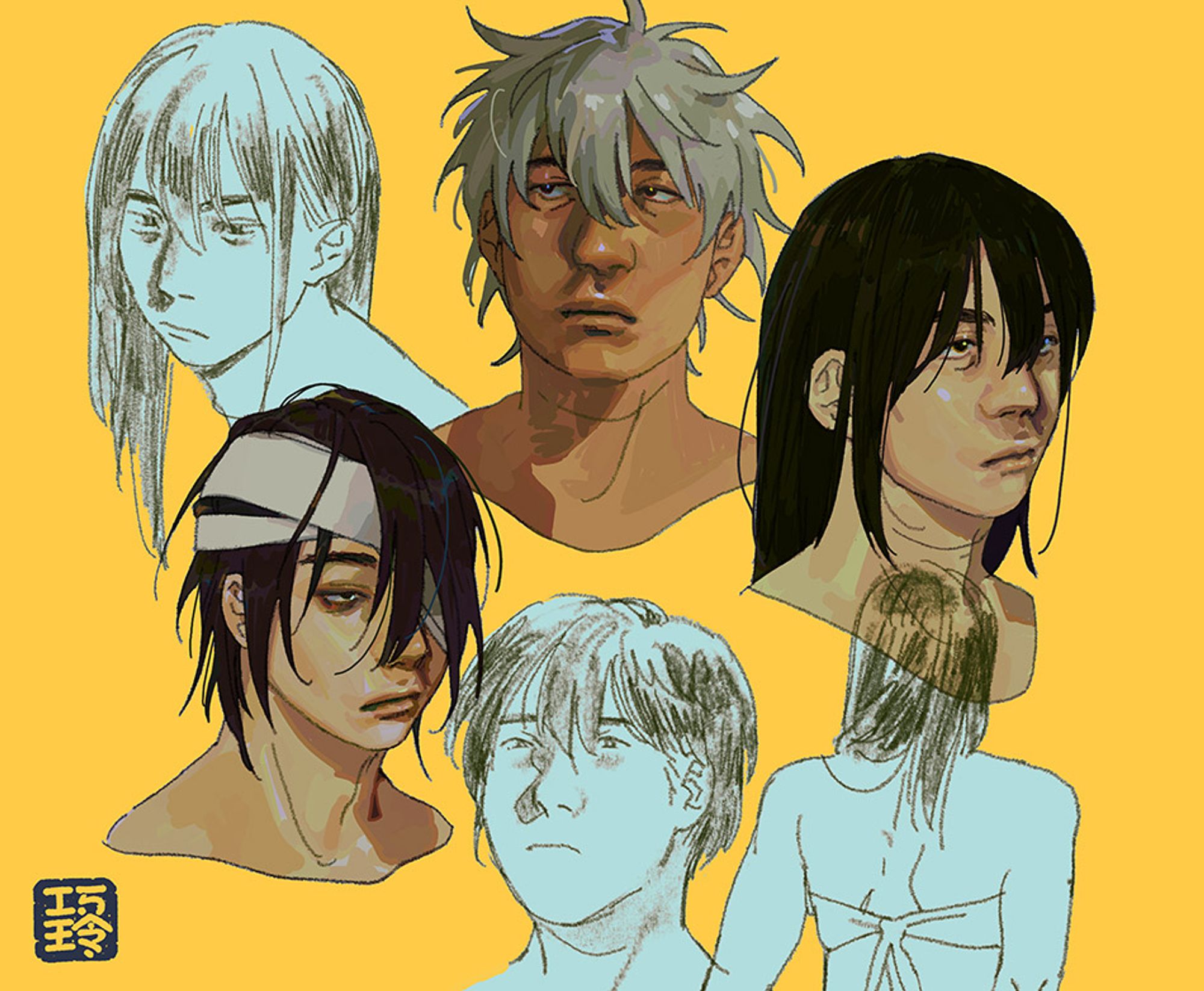 a mixed sketch page of busts of gintoki, katsura, and takasugi, three of which are painted