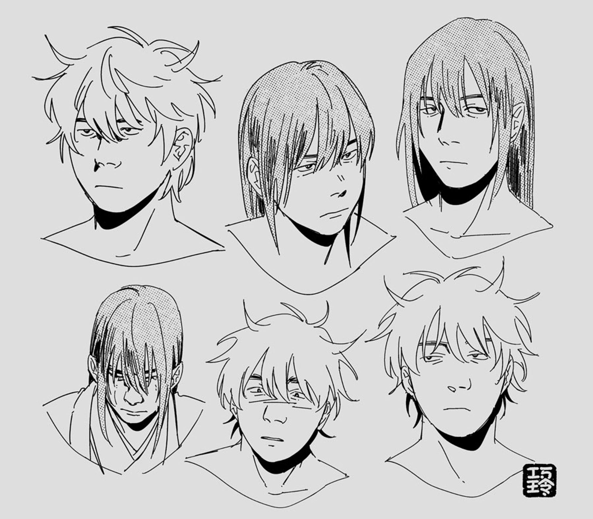 a page of bust sketches of gintoki and katsura