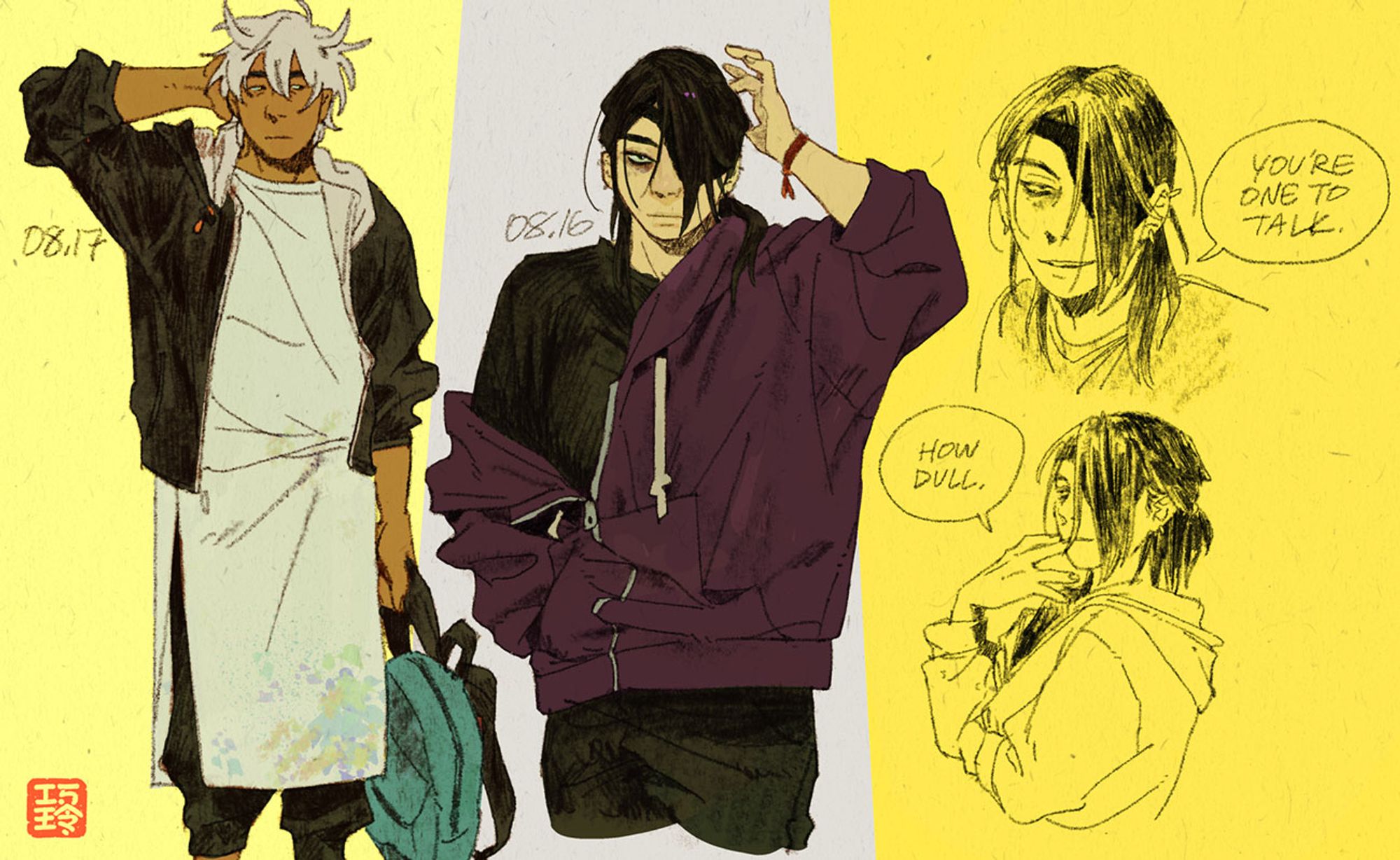 sketchpage: mostly fullbody drawing of au gintoki in a black jacket, white dress/shirt, and black pants, holding a green backpack / hips-up drawing of transfem takasugi with shoulder-length hair, black shirt and pants, wearing a purple zip hoodie that's half-hanging off her shoulder, and two more bust sketches of her