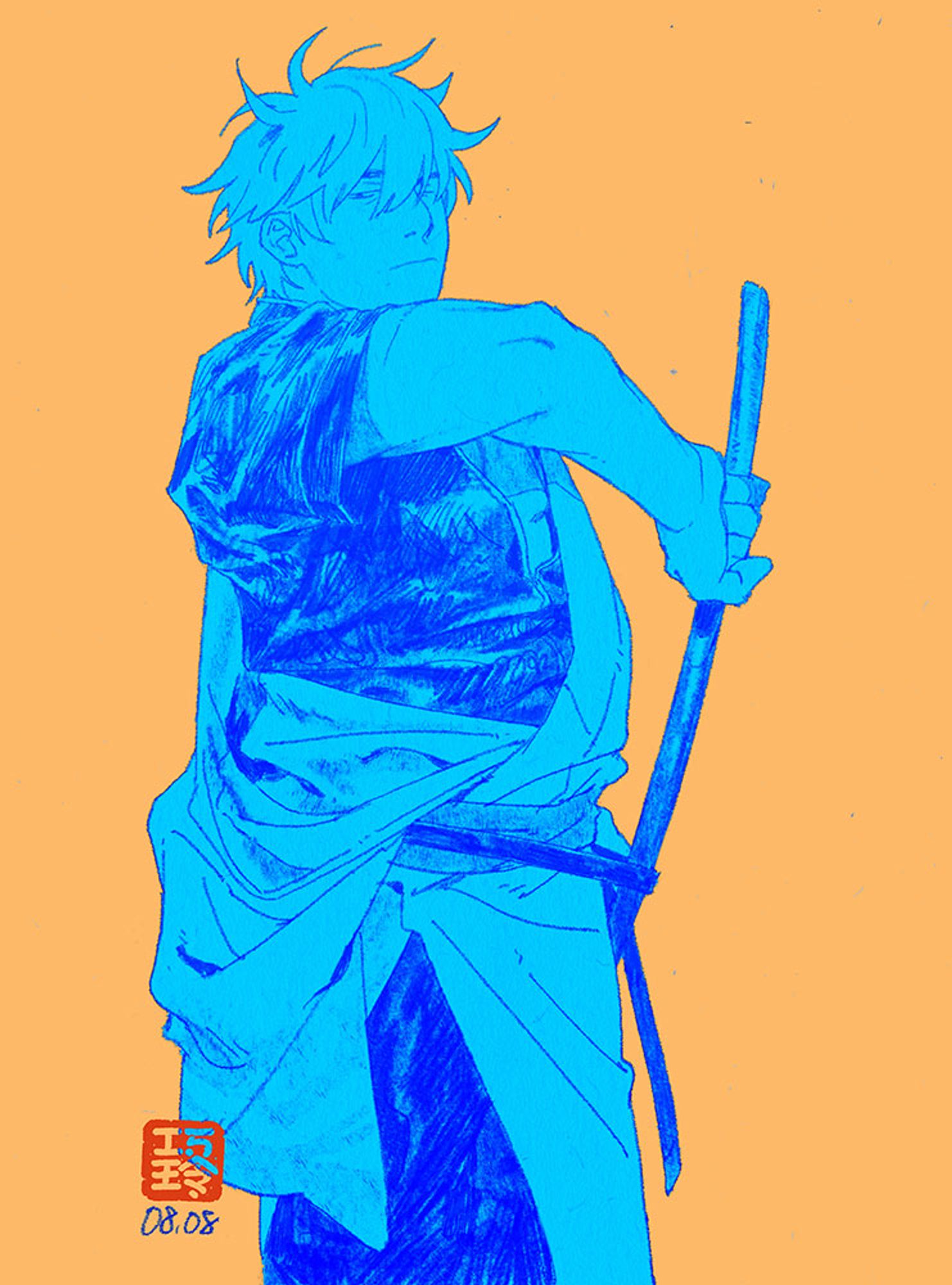 a drawing of gintoki in the middle of drawing his wooden sword from his belt