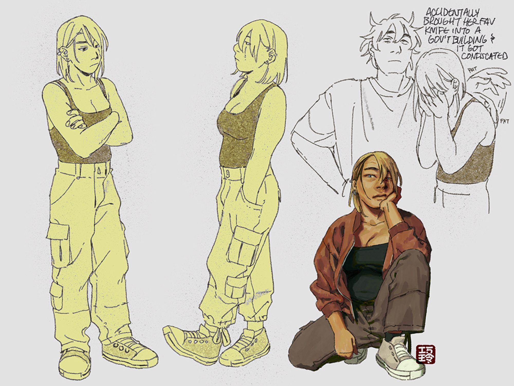 a couple sketches of tsukuyo wearing a black tank top, brown cargo pants, white/cream converse, and a burnt orange color bomber jacket. 

a small sketch in the corner depicts an upset tsukuyo with her face in her hands and gintoki exasperatedly patting her on the back. the text beside them reads: accidentally brought her fav knife into a gov't building and it got confiscated