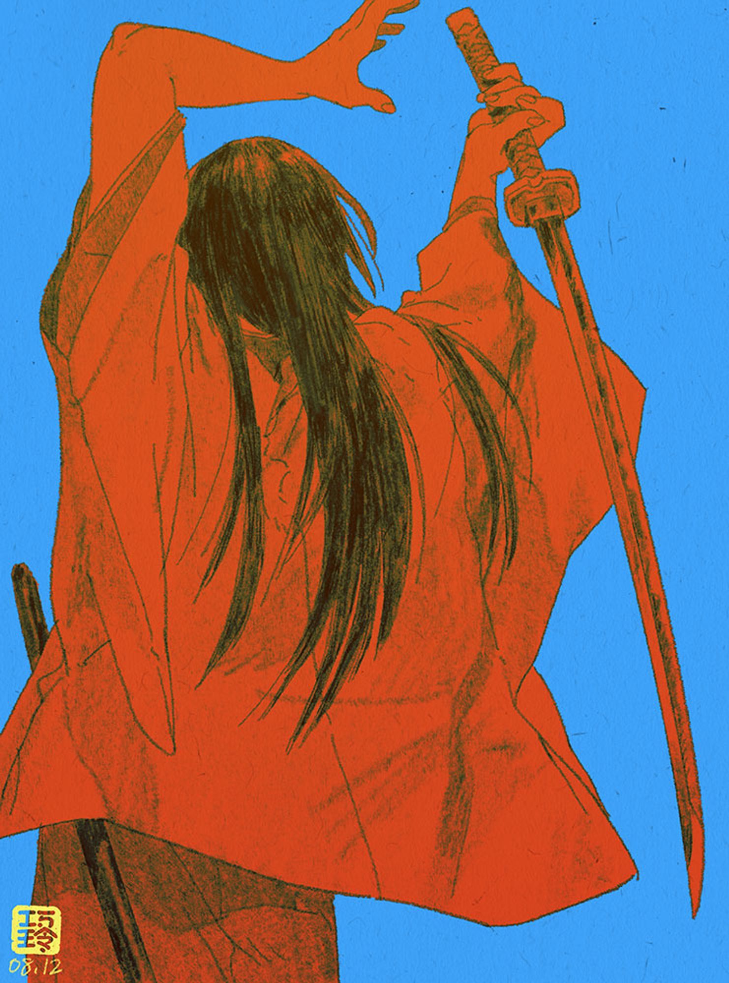 a drawing of the back of katsura in the middle of raising his sword over his head