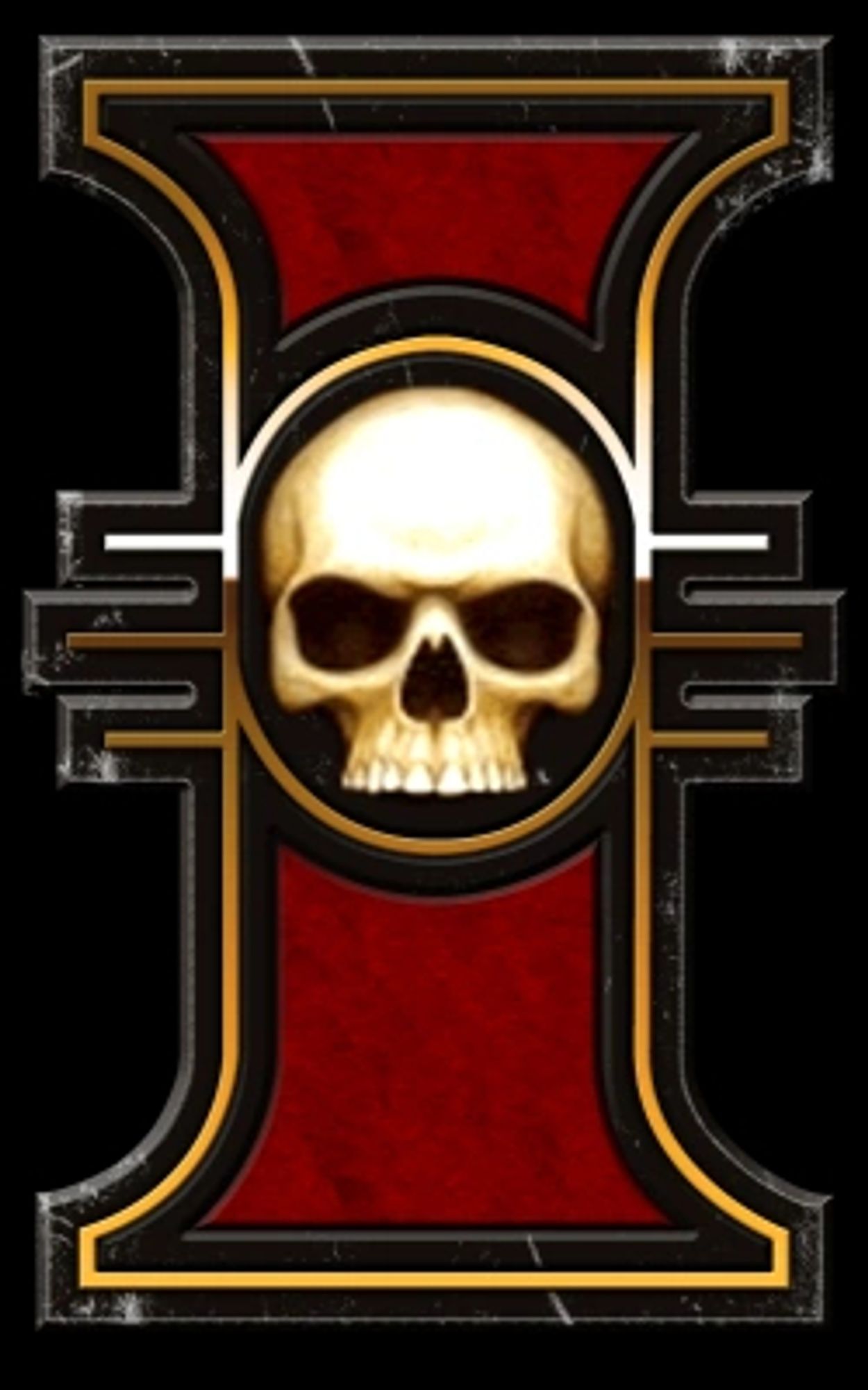 A skull enclosed in a stylized capital letter I with serifs and three cross-hatches. Symbol of the fictional Inquisition of the also-fictional Imperium of Man in the 41st Millennium. The Inquisition is consciously modeled on pop culture ideas of the medieval and early-modern Inquisition: theocratic, charismatic, unaccountable, and unpredictable.