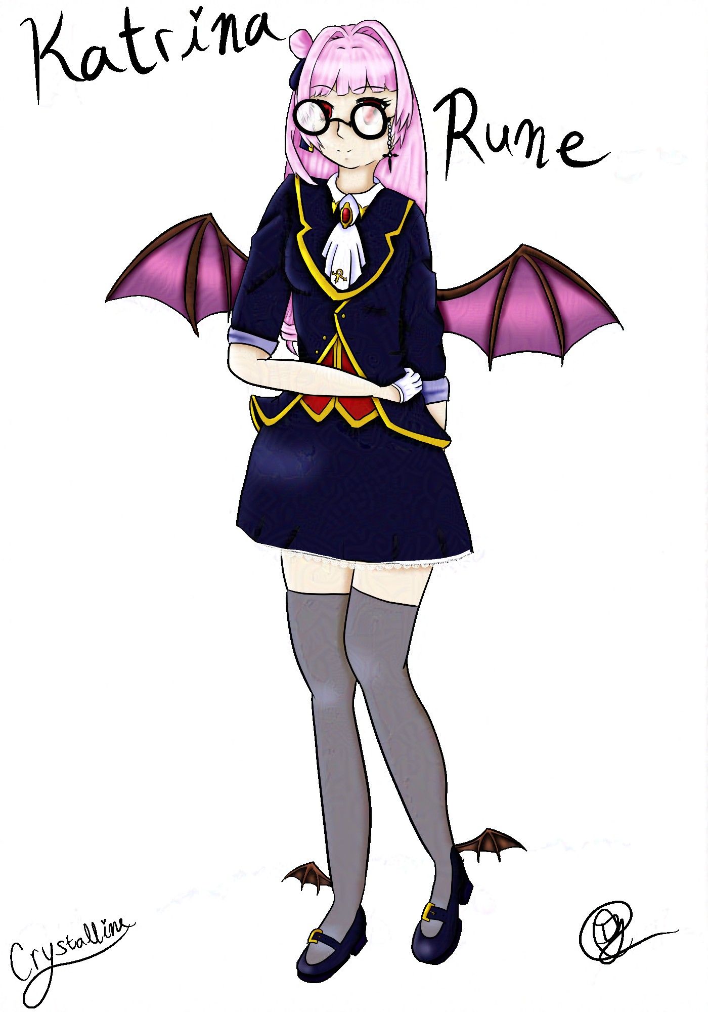 An art piece of Katarina Rune. She had pink hair with a bun on the top right of her head bat wings on her back and ankle areas and is wearing a fancy looking uniform with a white glove that stops near her palms. She is also wearing big round glasses with a cross on the left side dangling with some pearls.