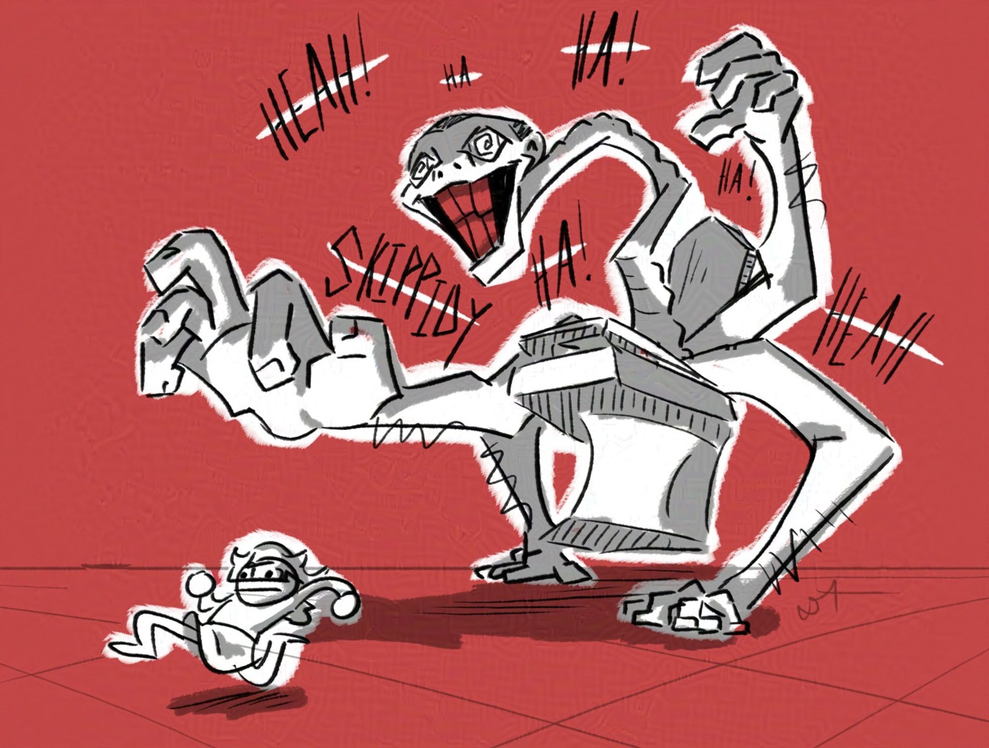 A sketch of Crystal running away from a 4 armed man with a long neck, with all the limbs coming out of a toilet in reference to the Skibidi Toilet meme as it laughs. All with a red back ground with the floor being grid shaped.