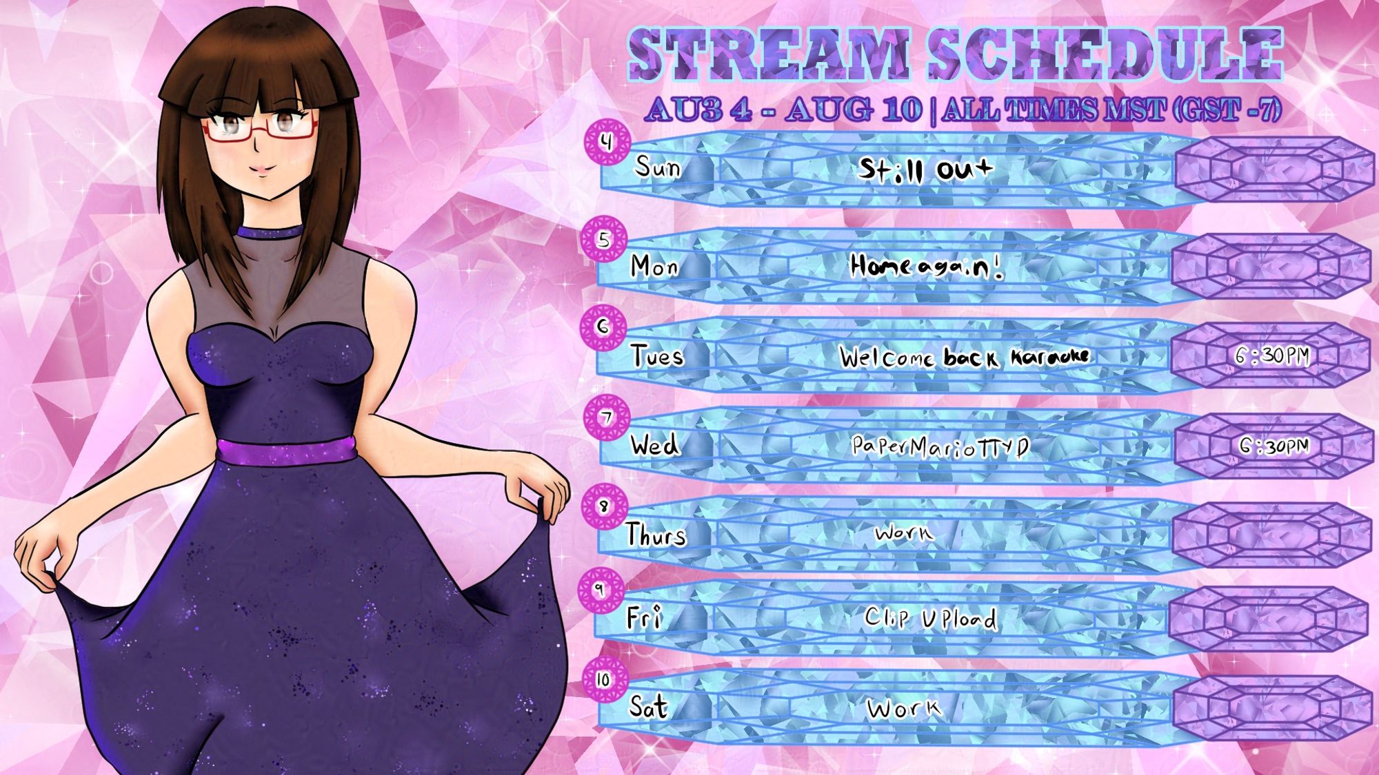 A Schedule laying out how this week will pan out. With A Karaoke stream Tuesday, Paper Mario the Thousand Year Old Door Wednesday and Thursday is a dedicated clip making day with a clip being posted Friday and Saturday being a rest day with the image on the left hand side being Crystal in a sparking purple dress