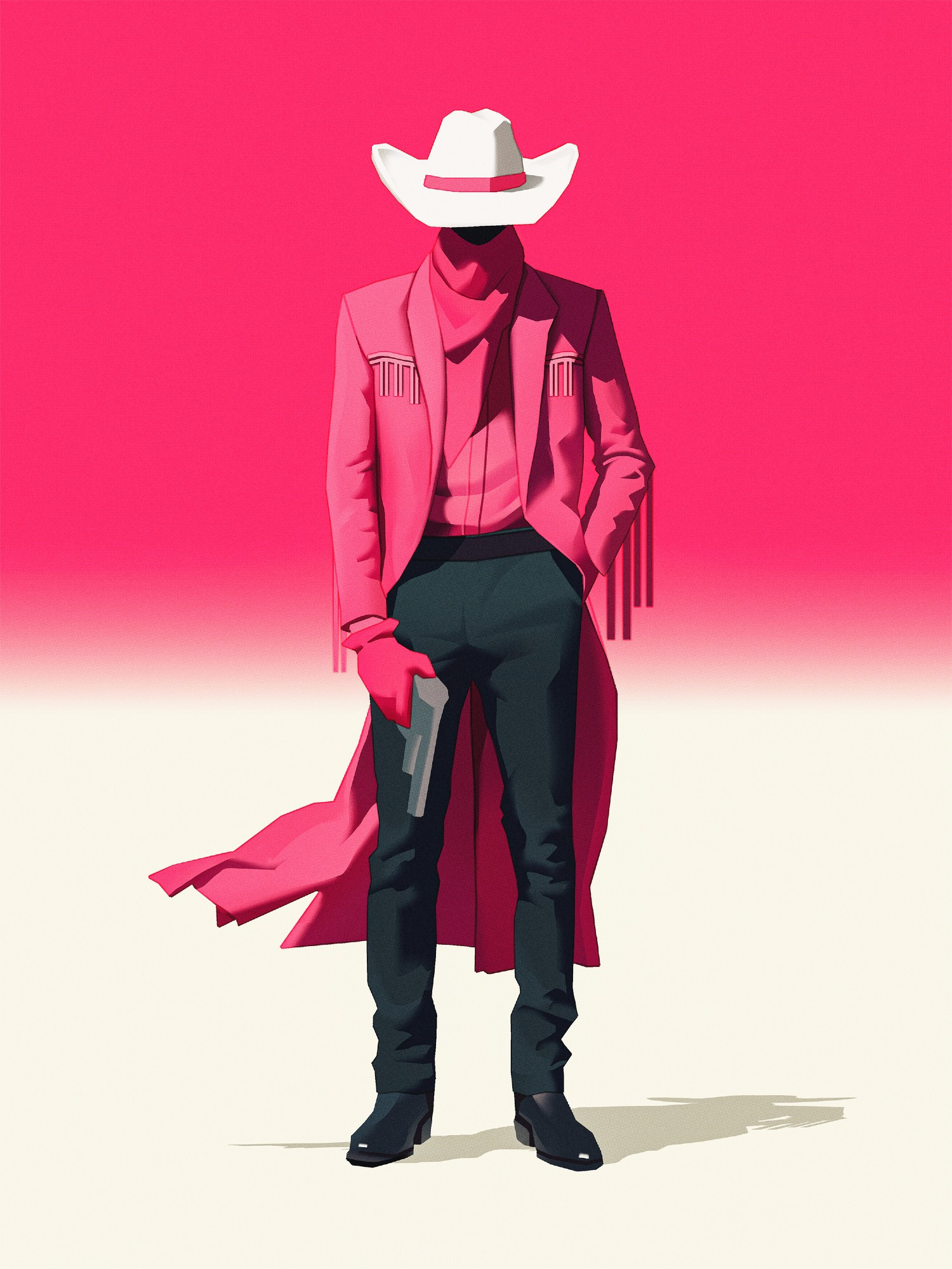 full body of a cowboy wearing a pink outfit in a pink and white background. drawing is rendered like a 3d model