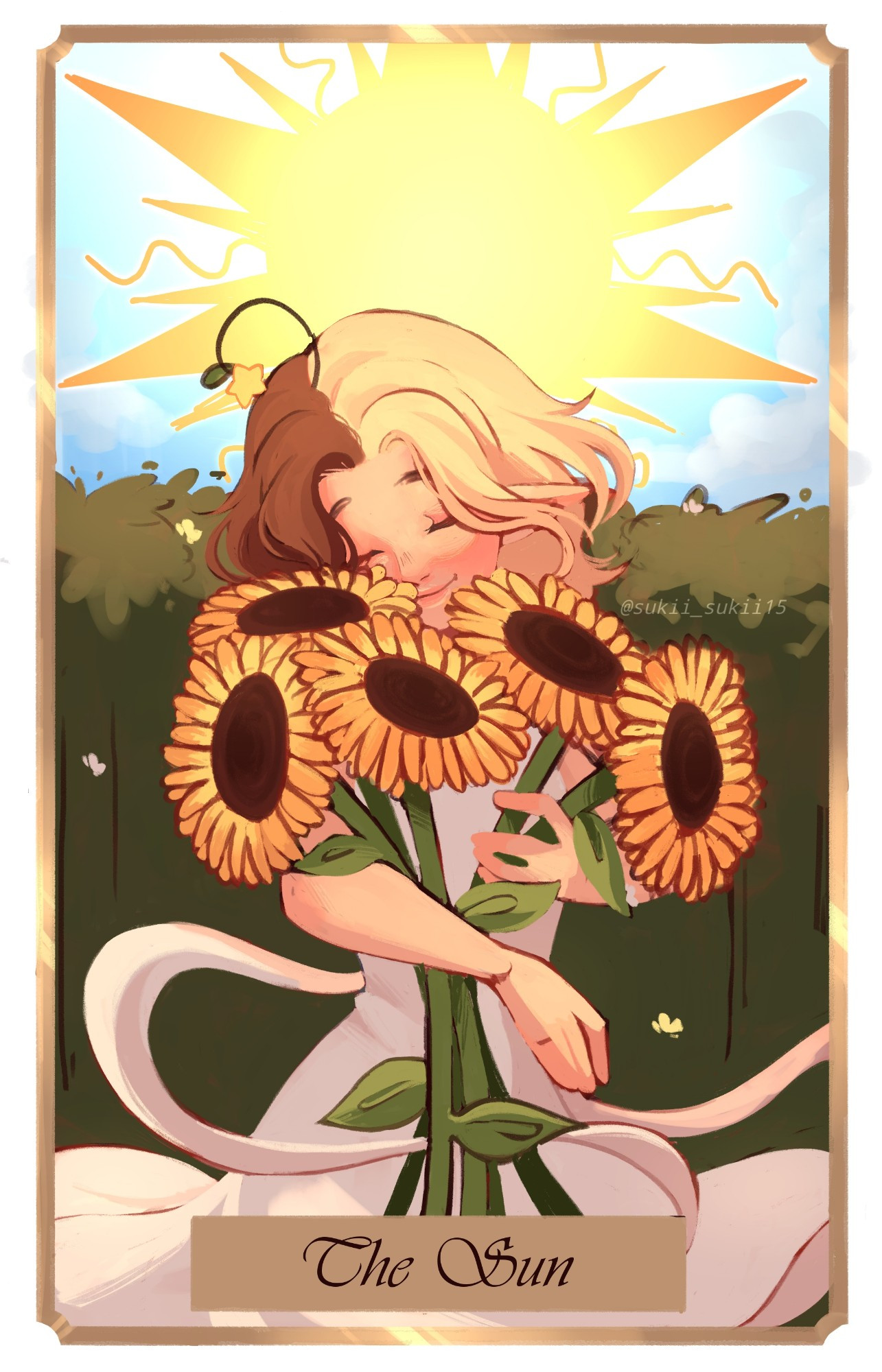 Carta del tarot de "El sol" representada con un dibujito de mi personaje sosteniendo unos girasoles osiosi uvu