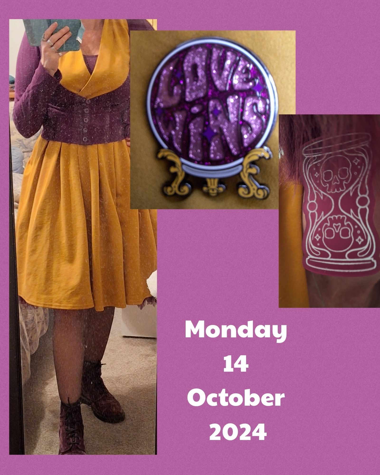 Mustard dress. 
Purple petticoat.
Purple crushed velvet Doc Martens. 
Purple bolero. 
Love Wins pin in purple and gold, and sparkly. 
Purple hourglass earrings with skulls. 