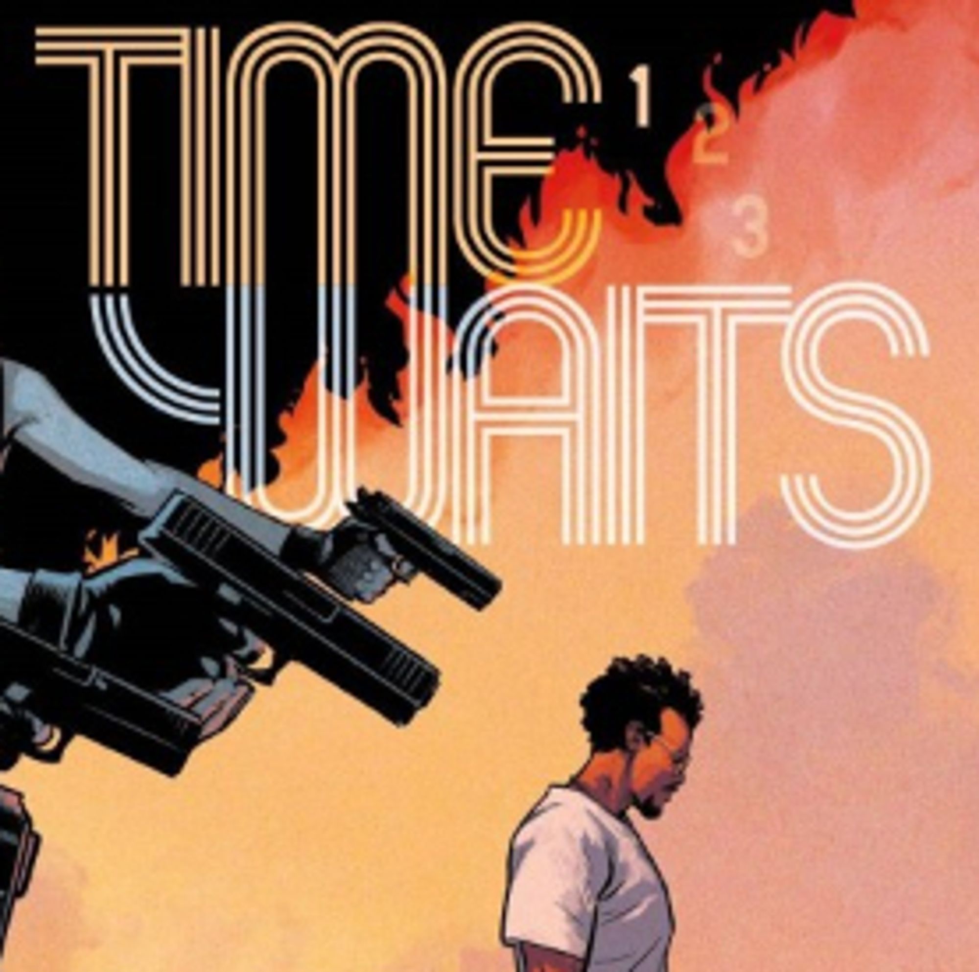 The logo for Time Waits published by DSTLRY.  It features curving multiline text, including an M and W that form an infinite loop and issue numbers in the shape of a clock face, with the current issue lit up.