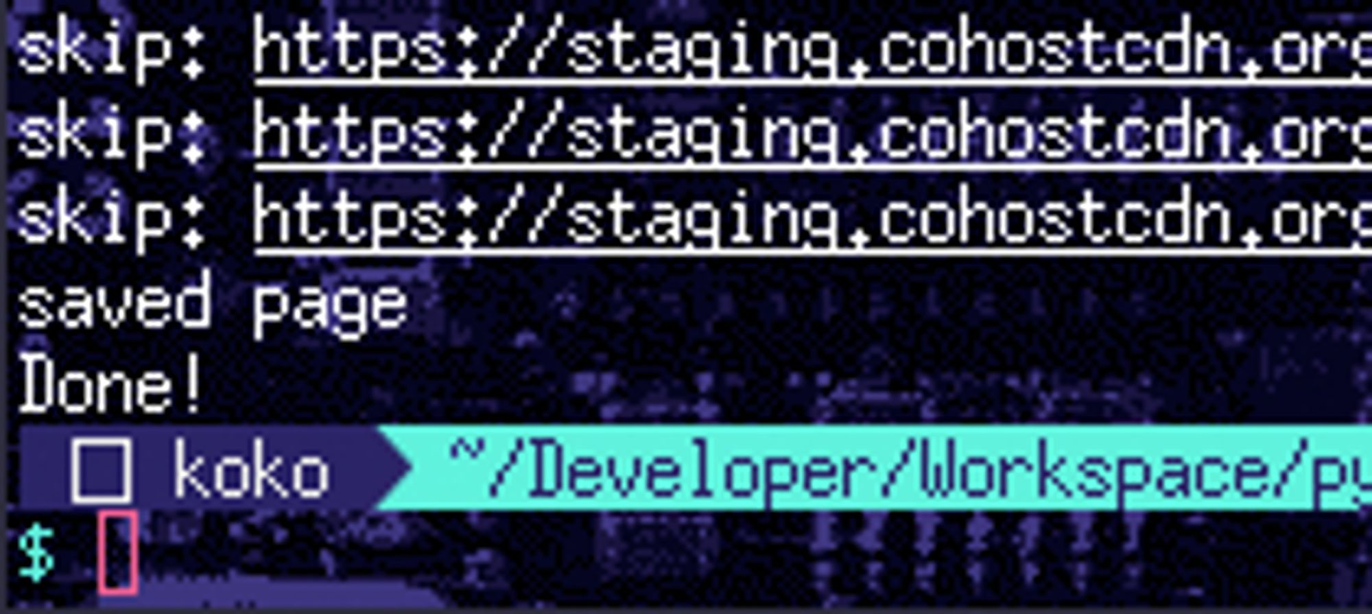lines in a terminal saving attachments from cohost's cdn, followed by "saved page" and "Done!"