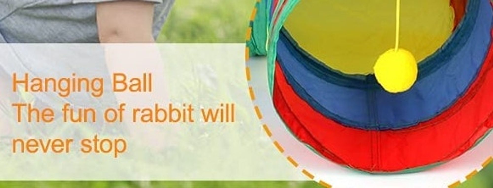 cropped amazon product image for a folding tunnel for rabbits. next to a ball hanging from the tunnel is the phrase "The fun of rabbit will never stop".