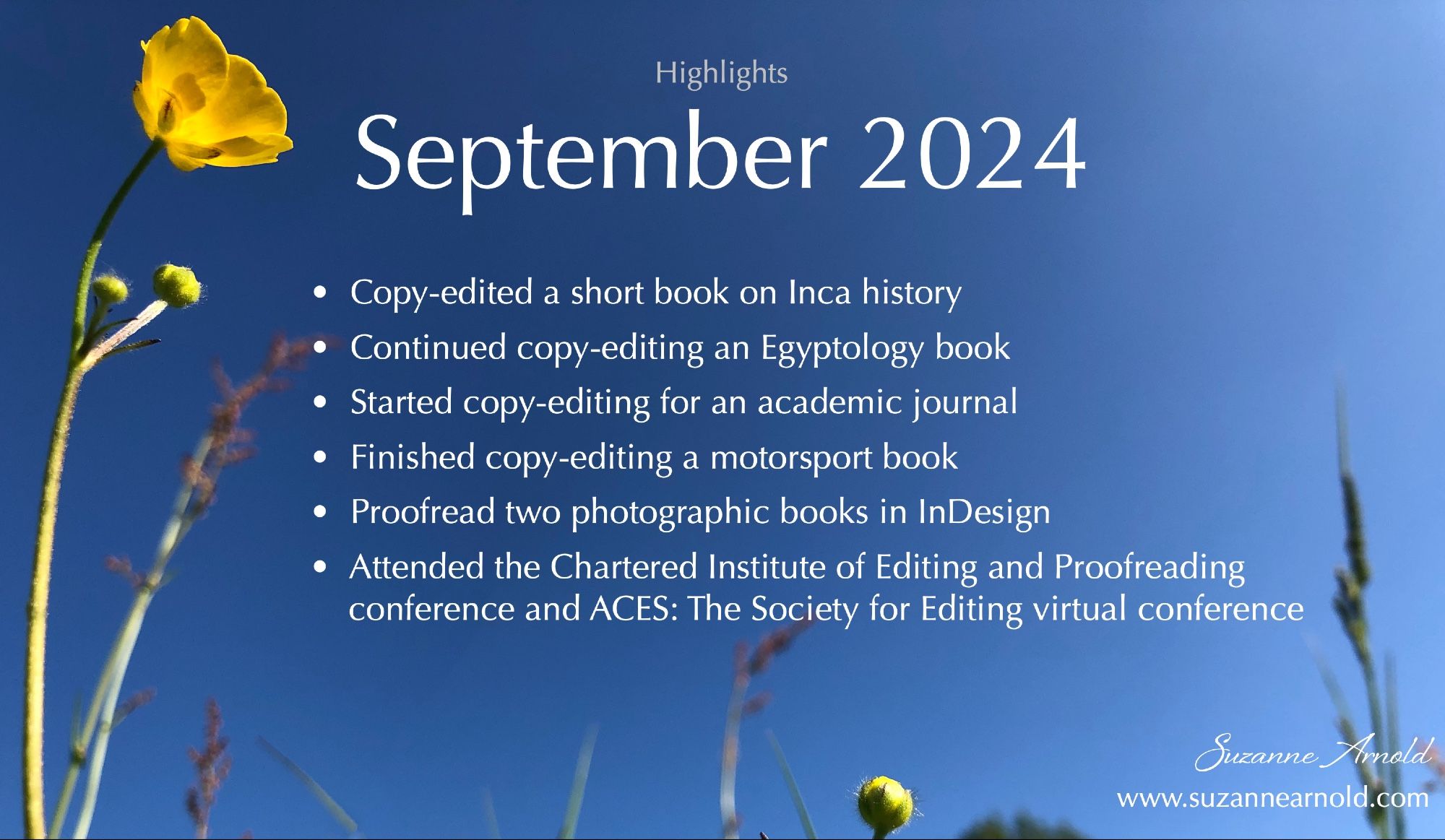 Highlights September 2024

•  Copy-edited a short book on Inca history
•  Continued copy-editing an Egyptology book
•  Started copy-editing for an academic journal
•  Finished copy-editing a motorsport book
•  Proofread two photographic books in InDesign
•  Attended the Chartered Institute of Editing and Proofreading conference and ACES: The Society for Editing virtual conference